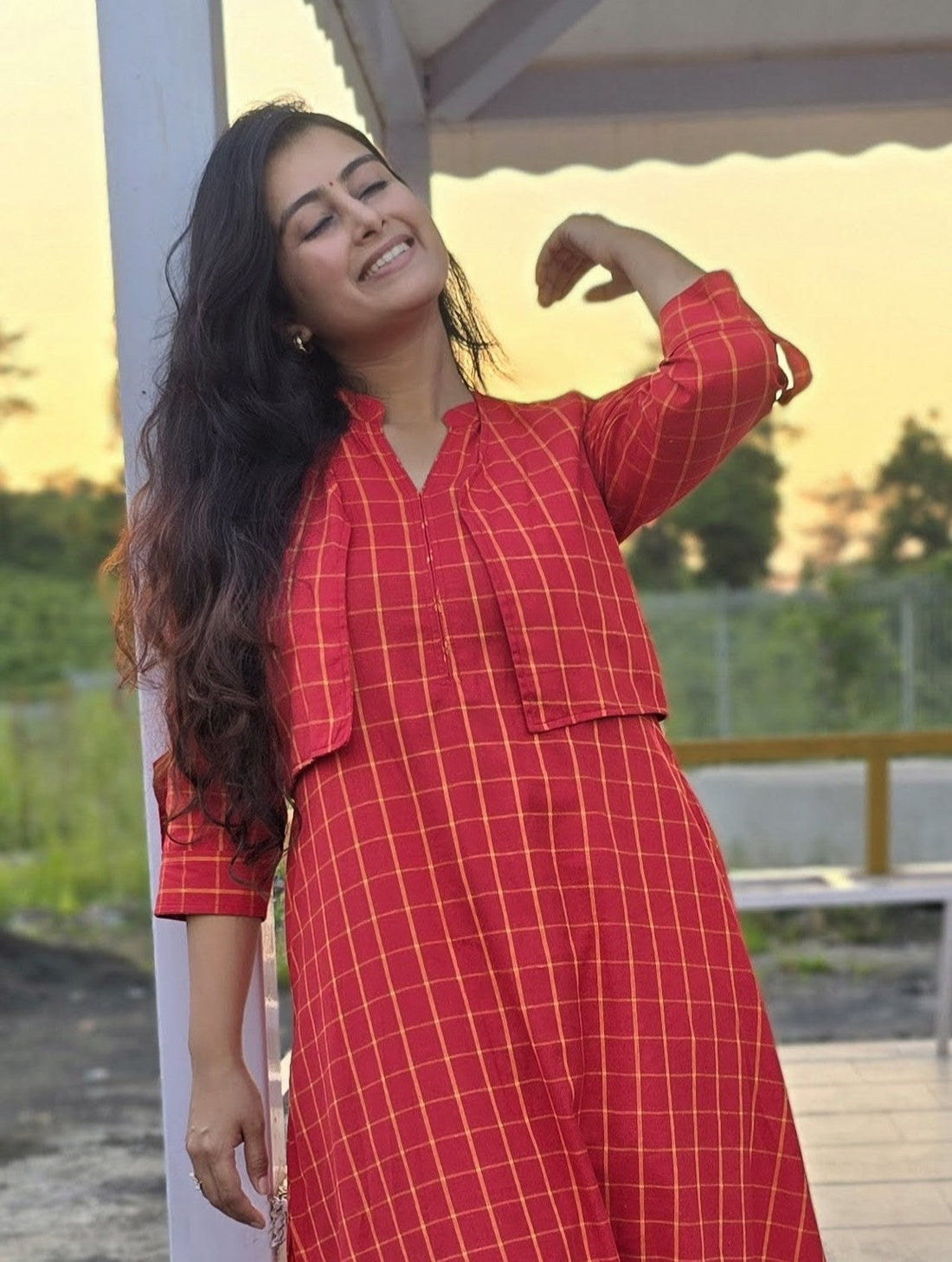 Festive Red Kurta and Palazzo set with short jacket in Red with Yellow square lines 