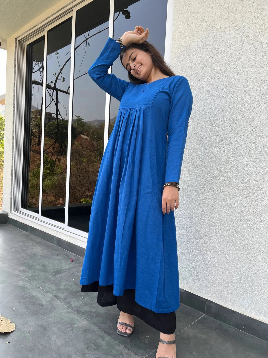 Blue gher kurta with black pallazo