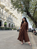 Afeemi dark mocha brown cotton Angarakha kurta for women with V-neck and side tie detail