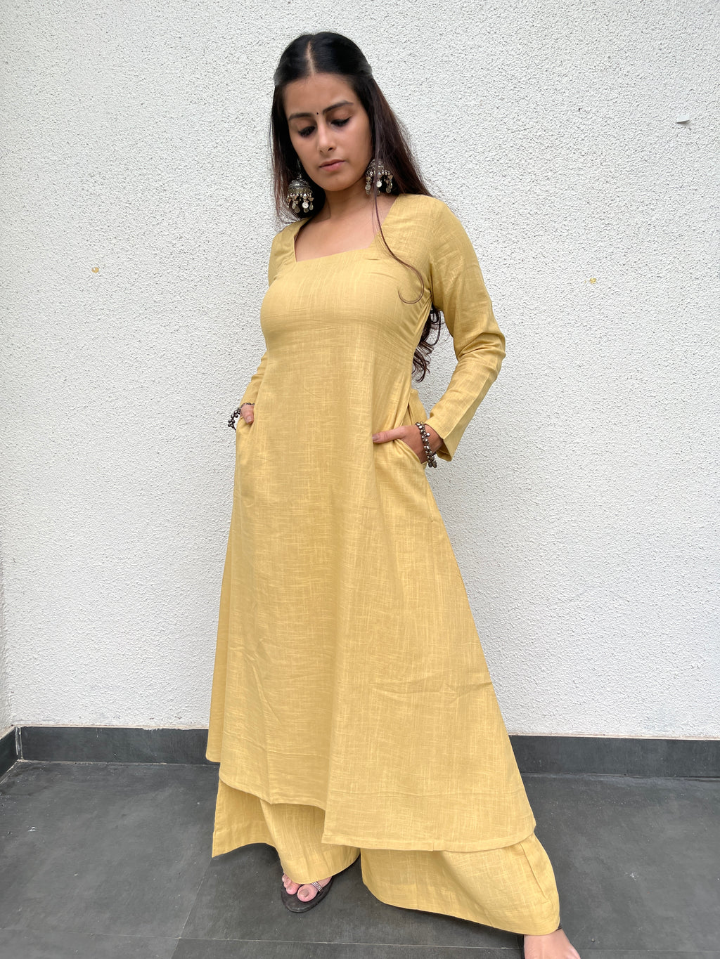 Square neck Kurta with Palazzo pants in Daffodil