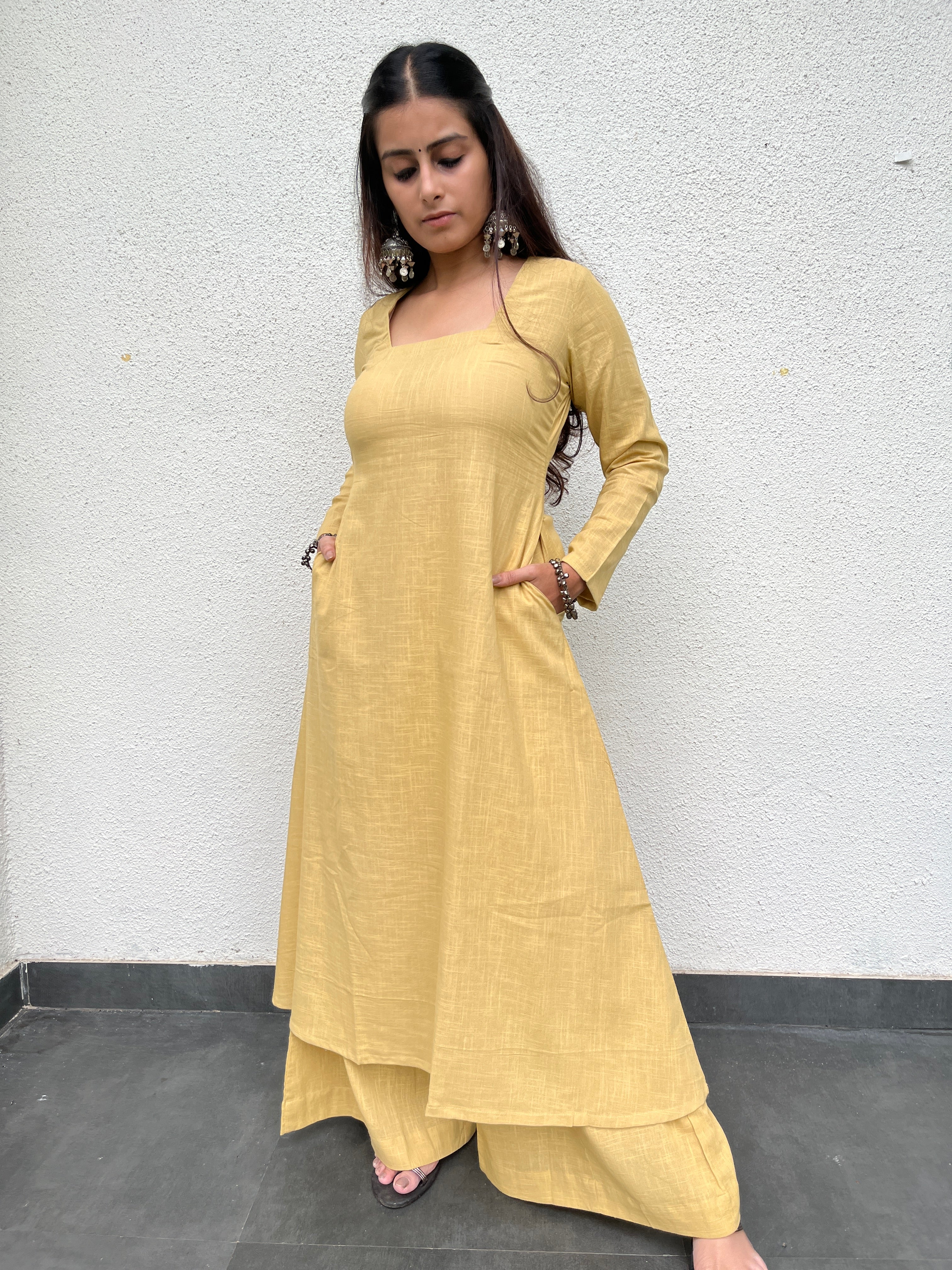 Square neck Kurta with Palazzo pants in Daffodil