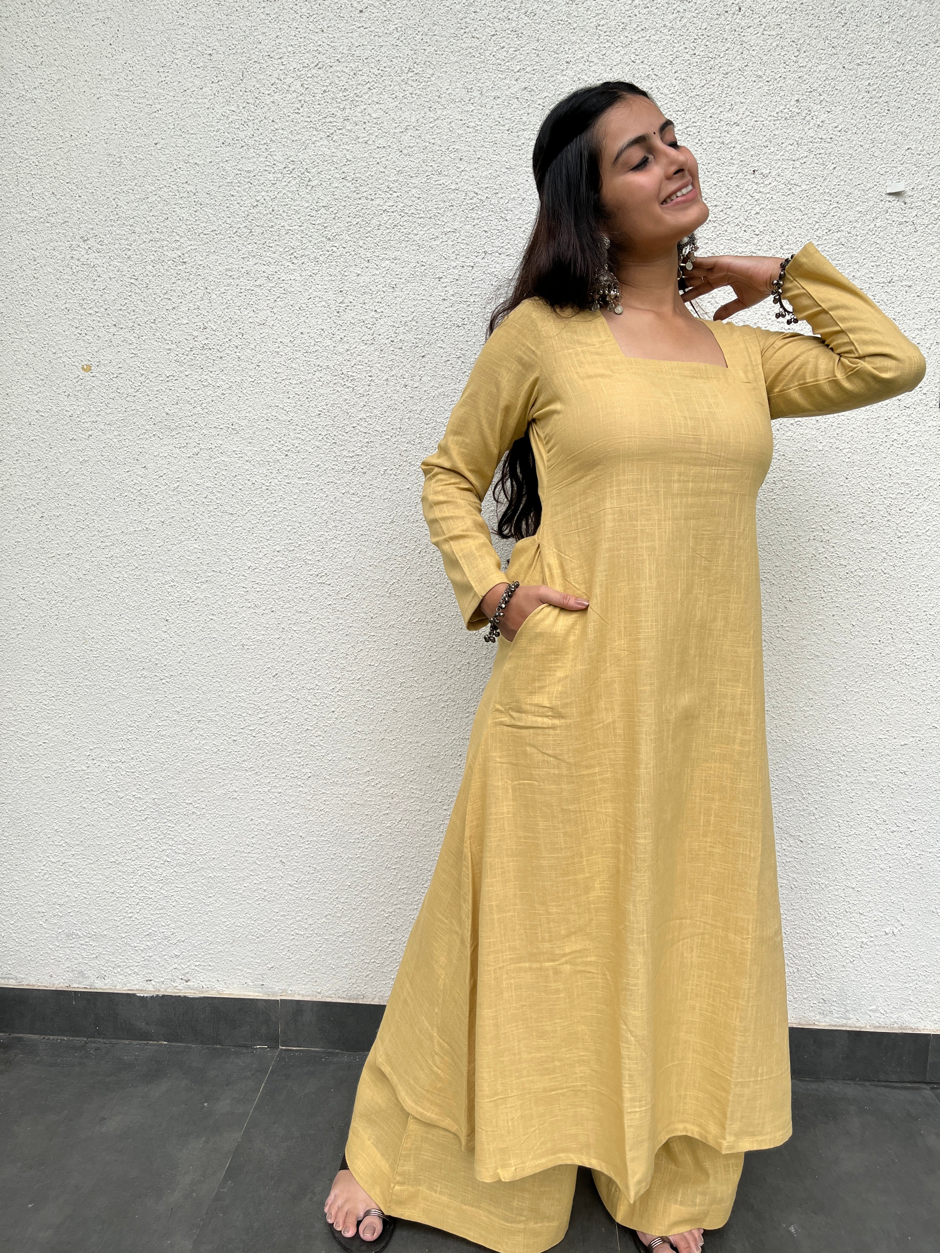 Square neck Kurta with Palazzo pants in Daffodil