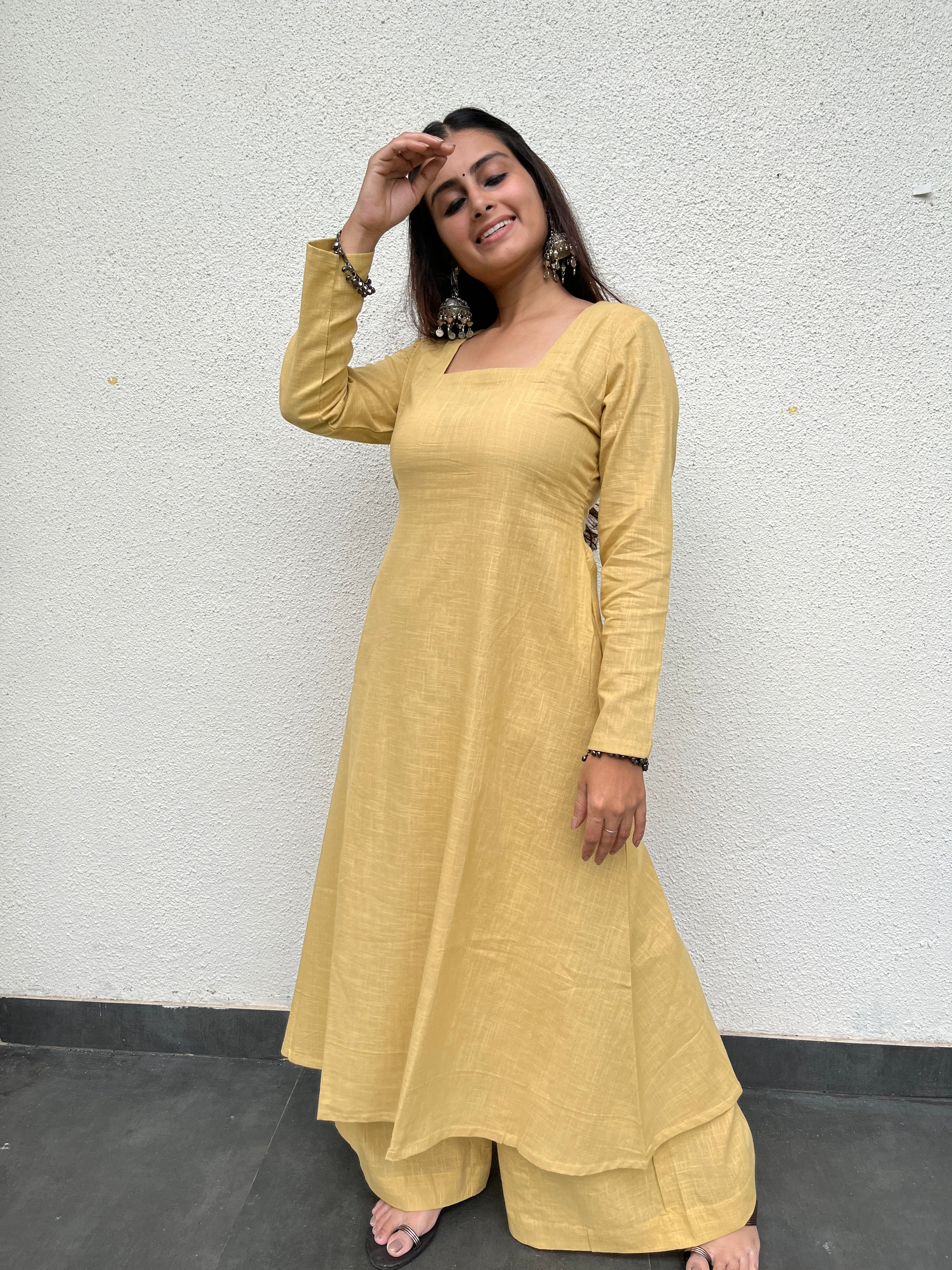 Square neck Kurta with Palazzo pants in Daffodil