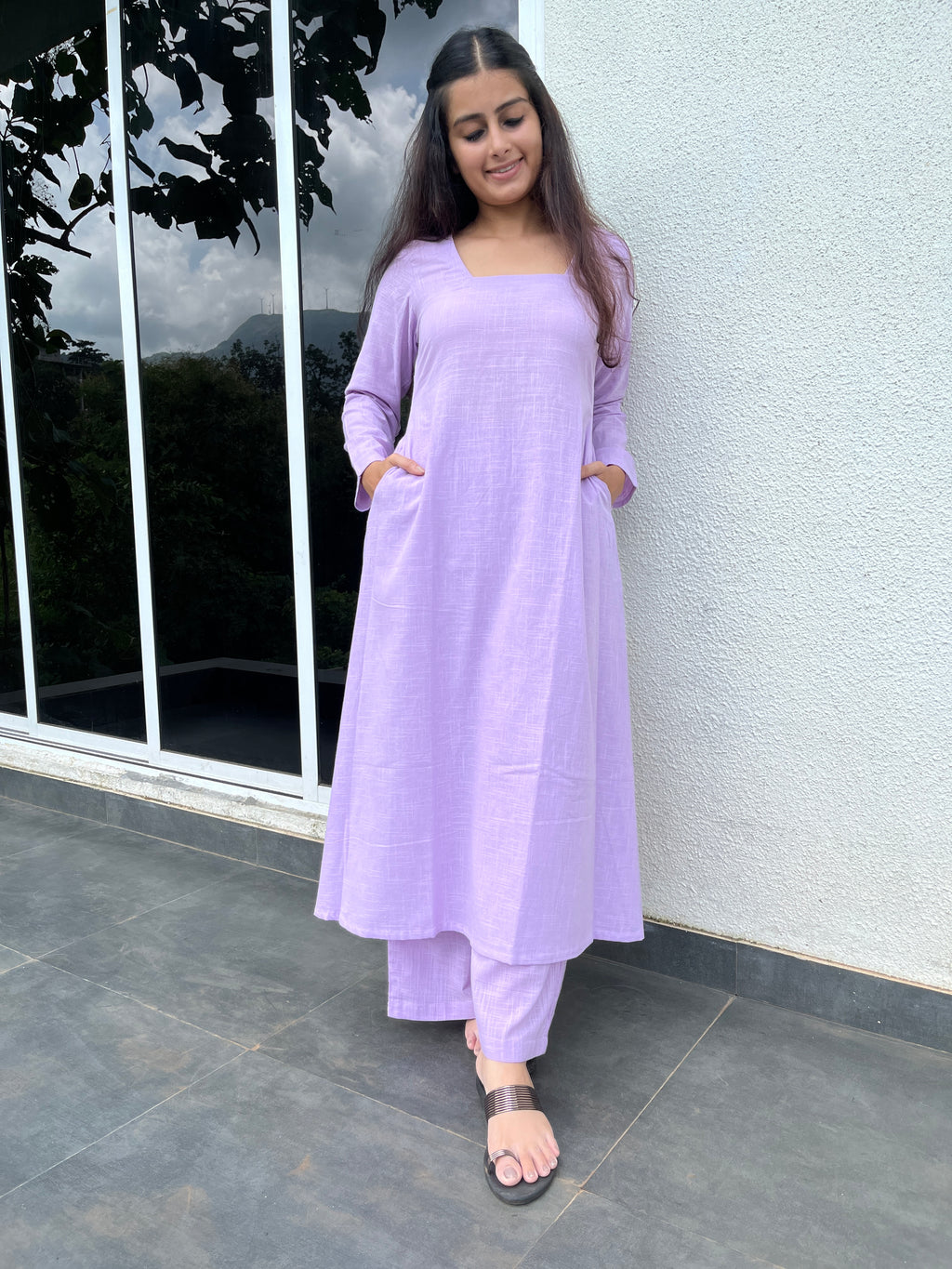 Square neck Kurta with Palazzo pants in Lilac