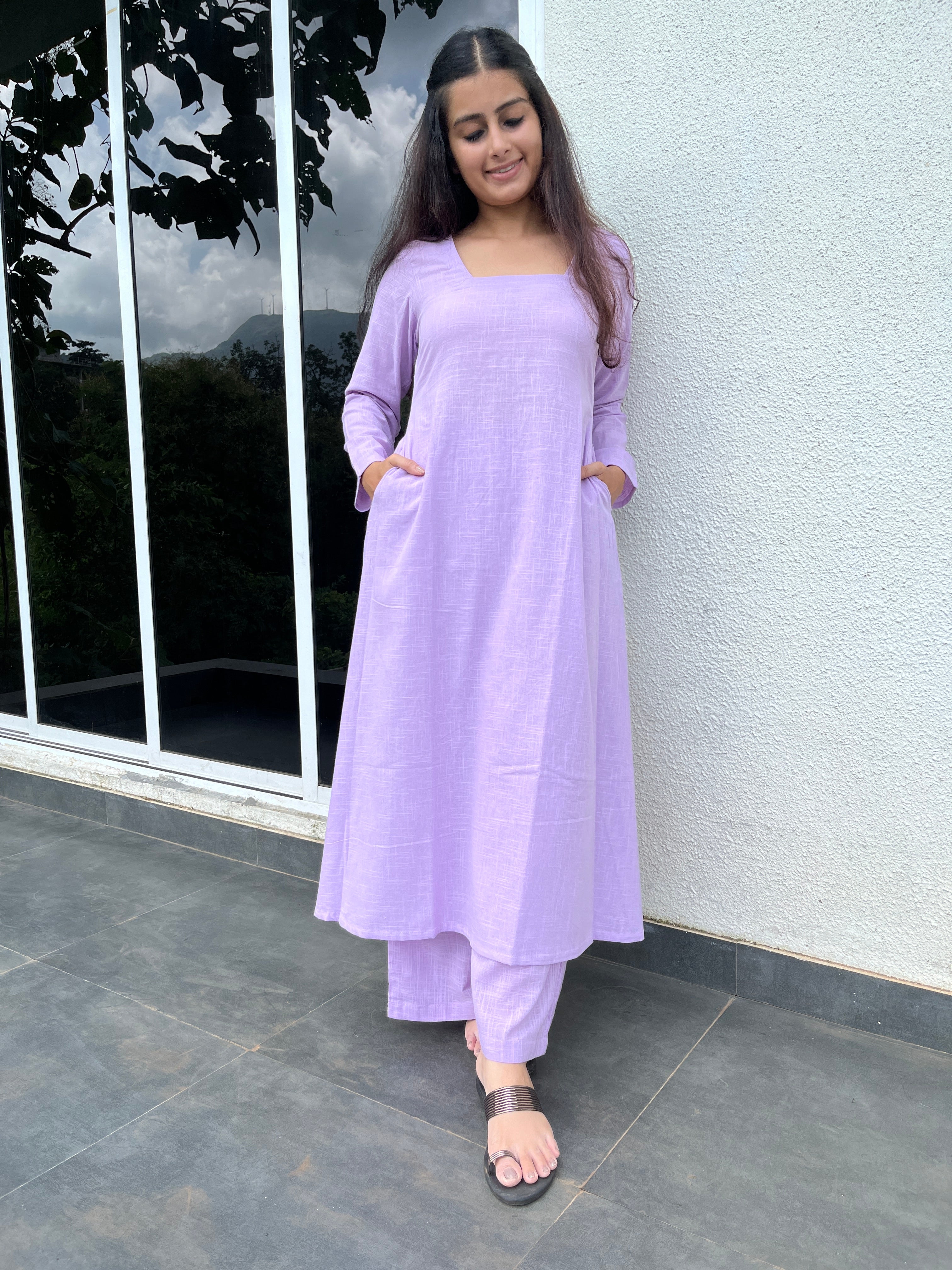 Square neck Kurta with Palazzo pants in Lilac