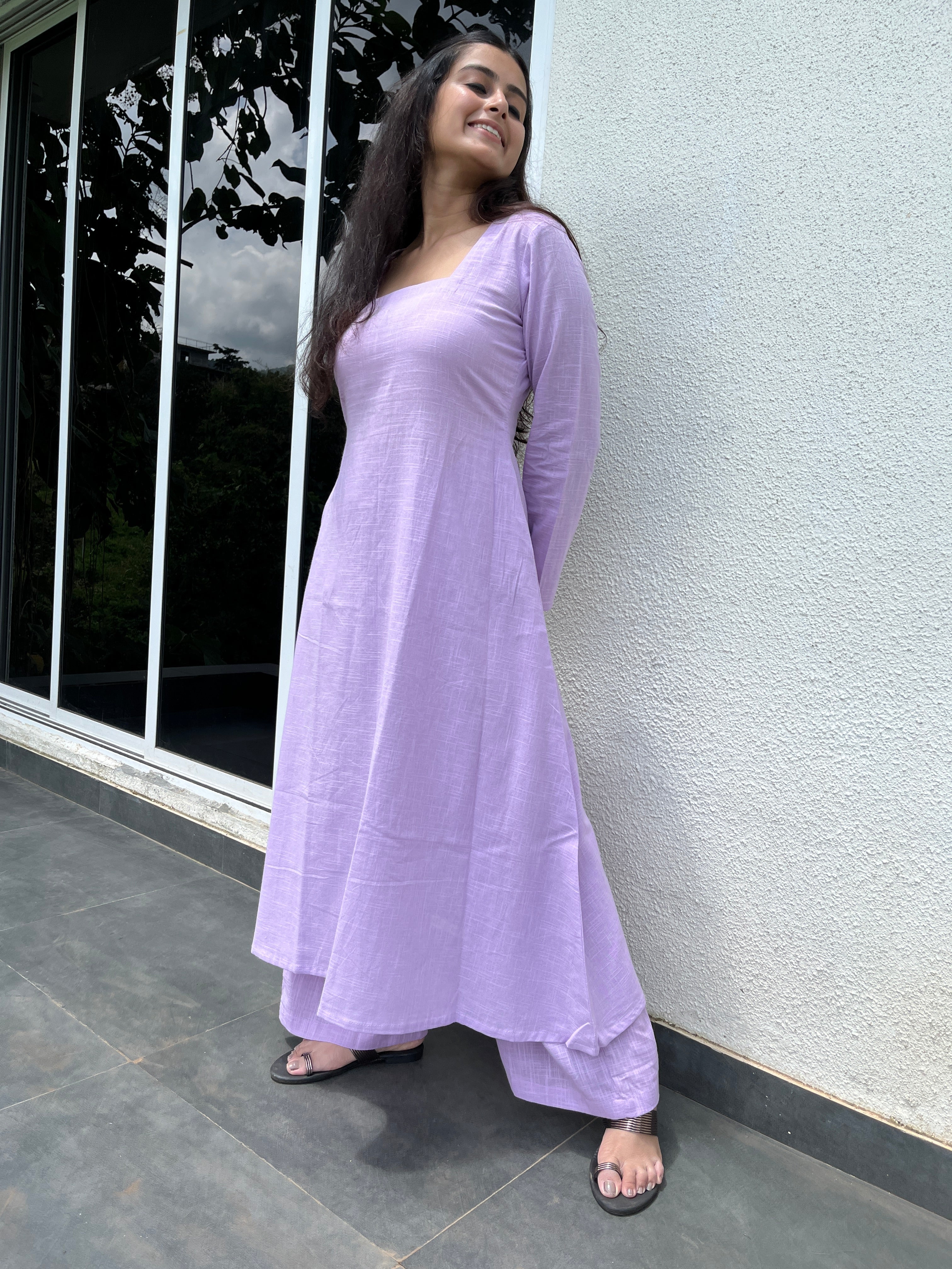 Square neck Kurta with Palazzo pants in Lilac