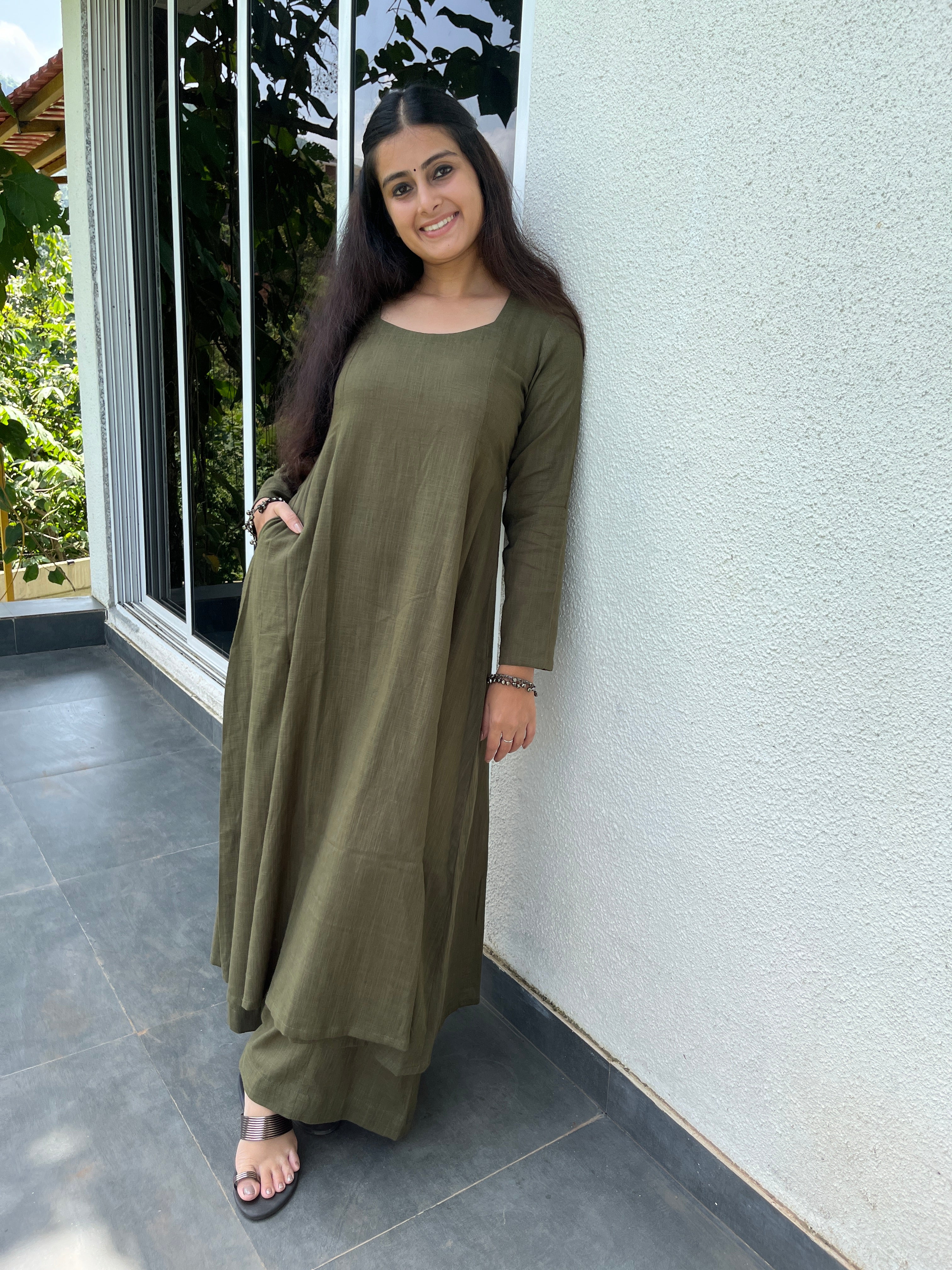 Dark Olive Kali cut Kurta with Palazzo