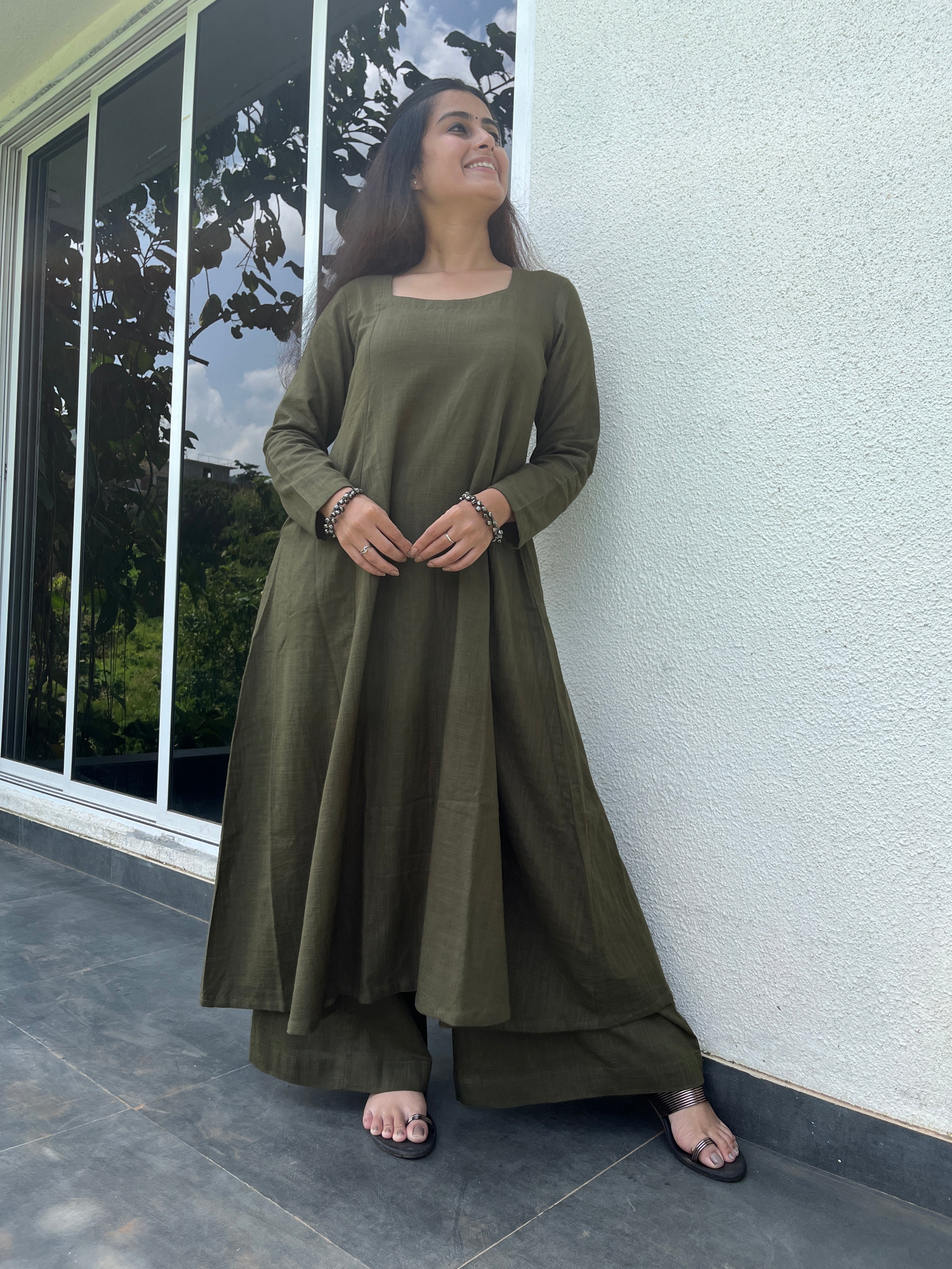 Dark Olive Kali cut Kurta with Palazzo