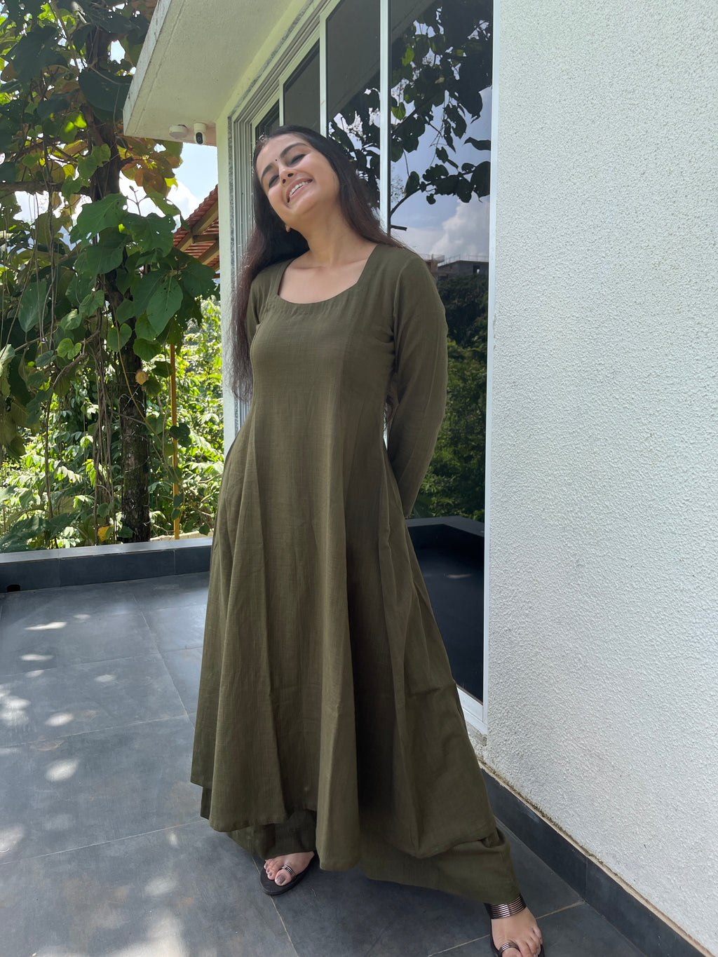 Dark Olive Kali cut Kurta with Palazzo