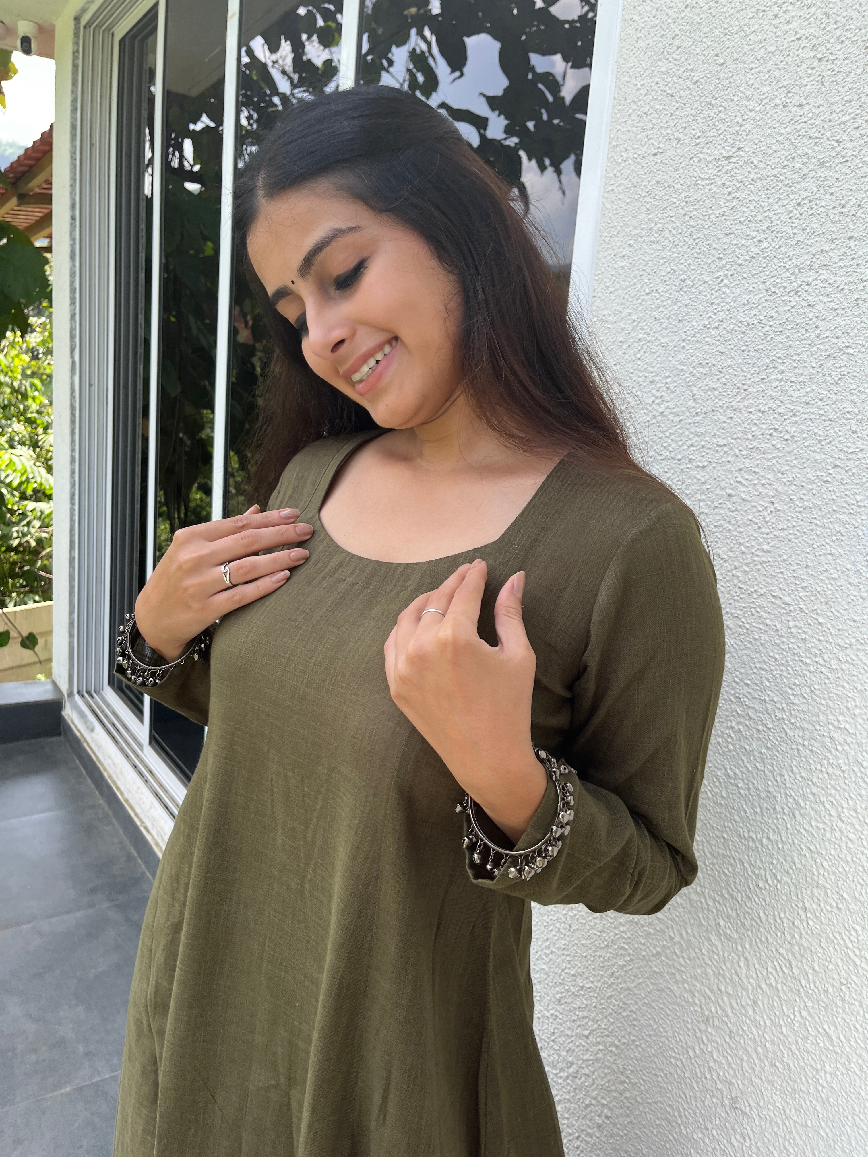 Dark Olive Kali cut Kurta with Palazzo