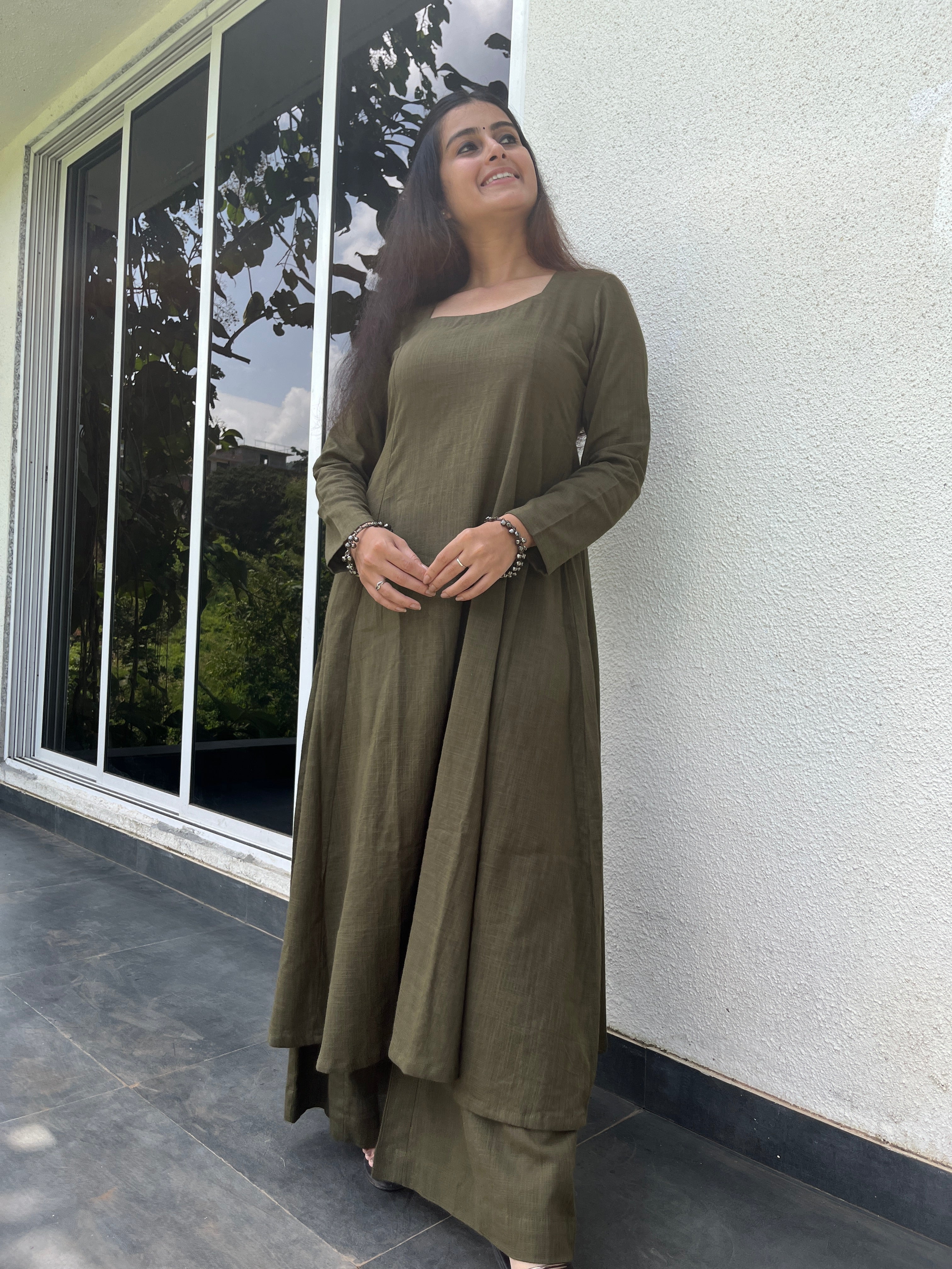 Dark Olive Kali cut Kurta with Palazzo