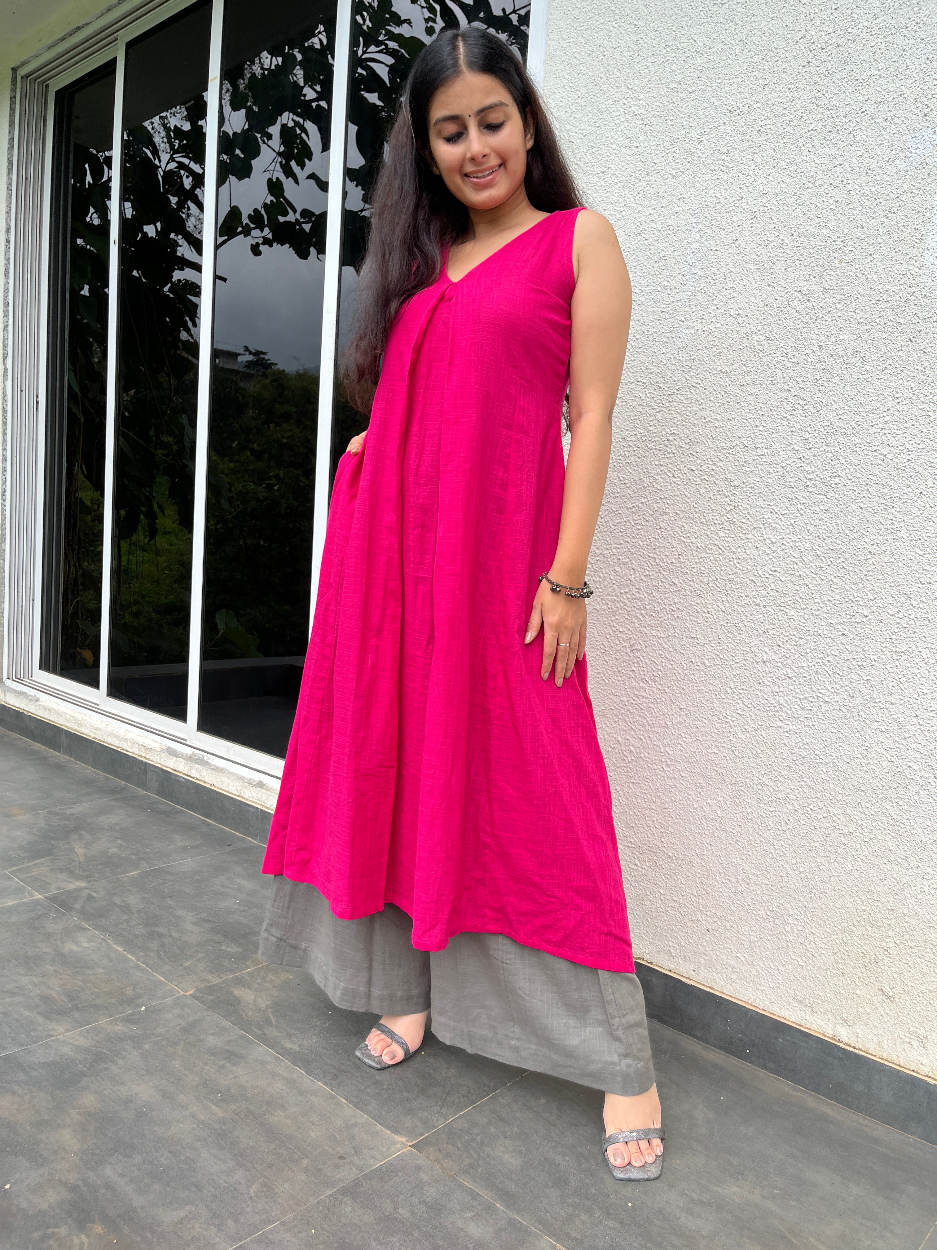 Pink Punch Kurta with Grey Palazzo