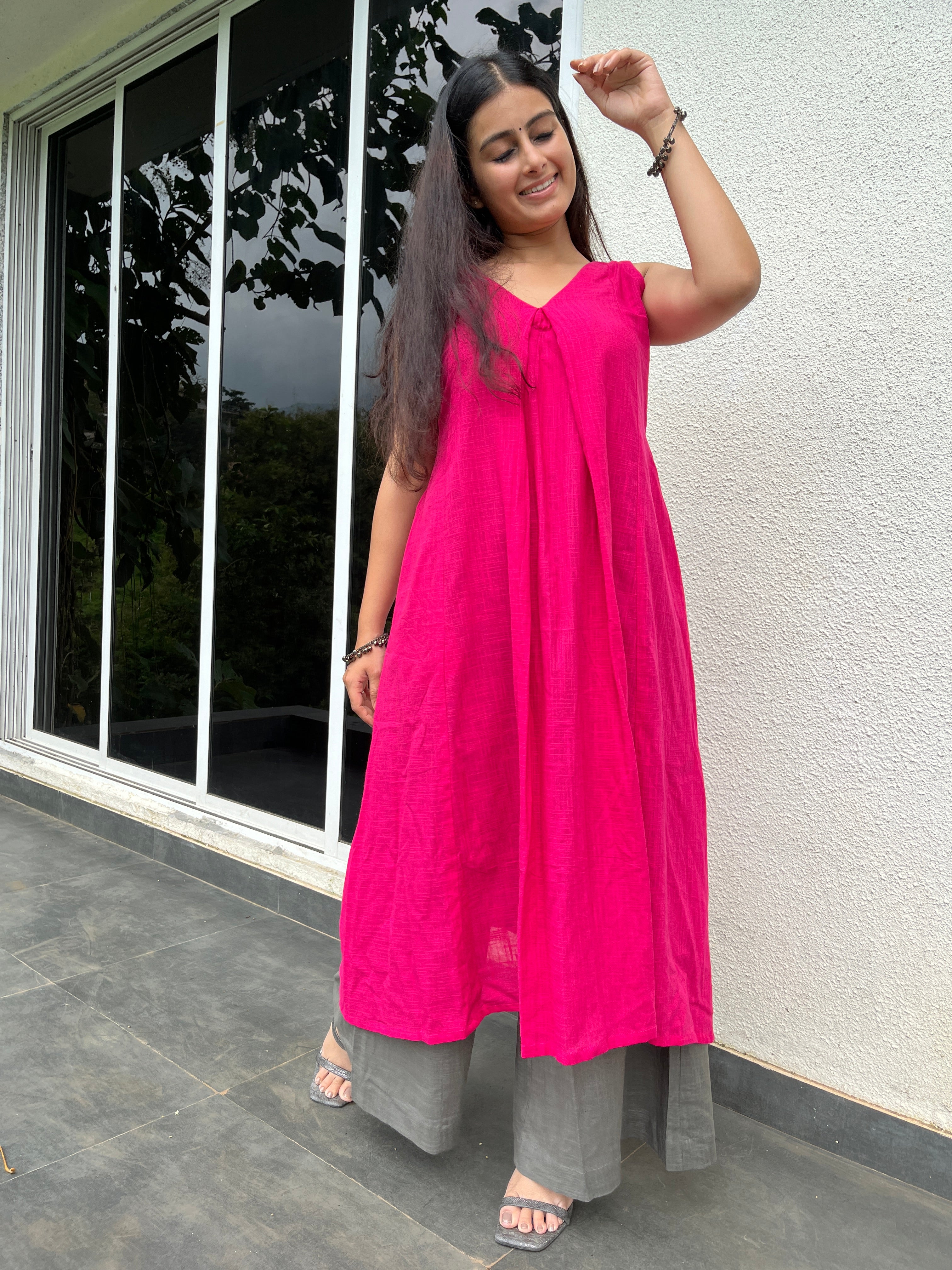 Pink Punch Kurta with Grey Palazzo