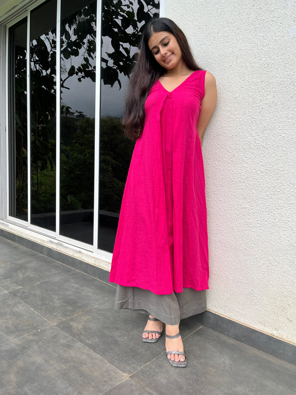 Pink Punch Kurta with Grey Palazzo