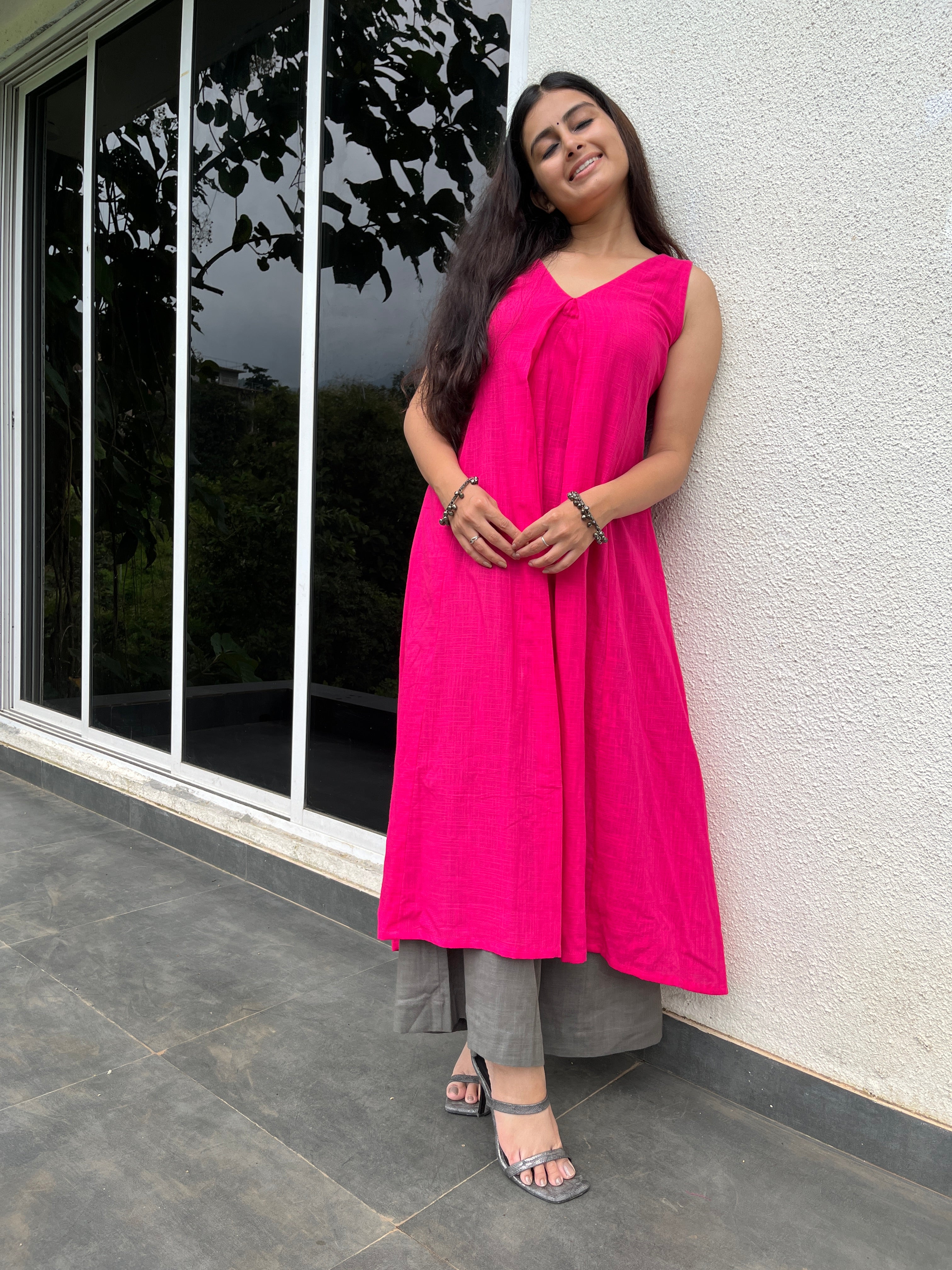 Pink Punch Kurta with Grey Palazzo