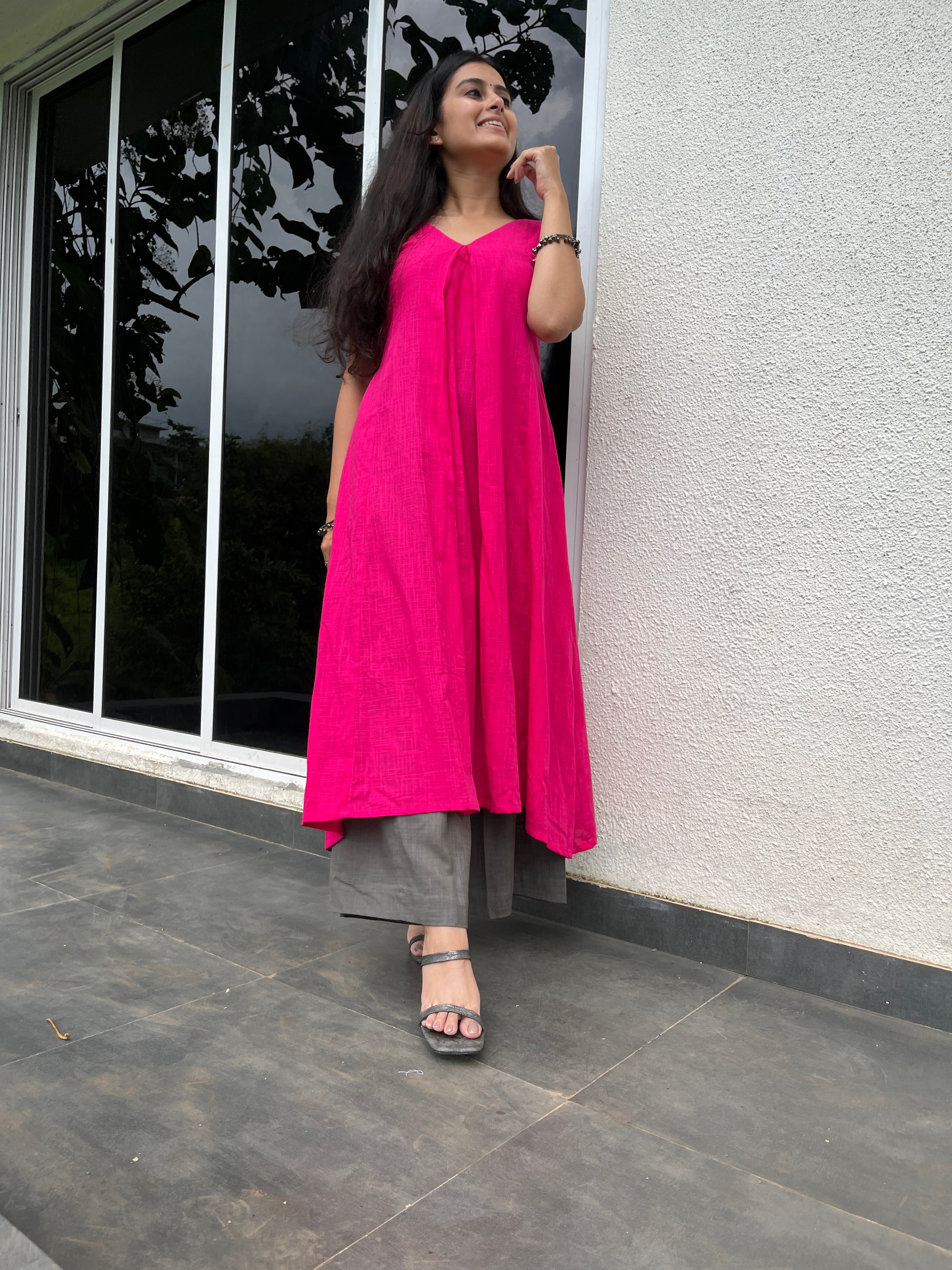 Pink Punch Kurta with Grey Palazzo