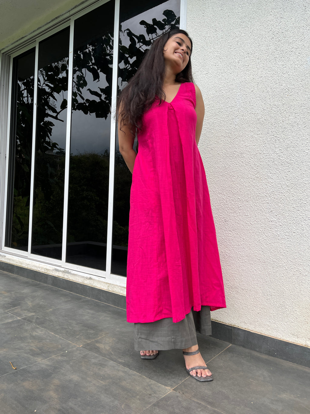 Pink Punch Kurta with Grey Palazzo