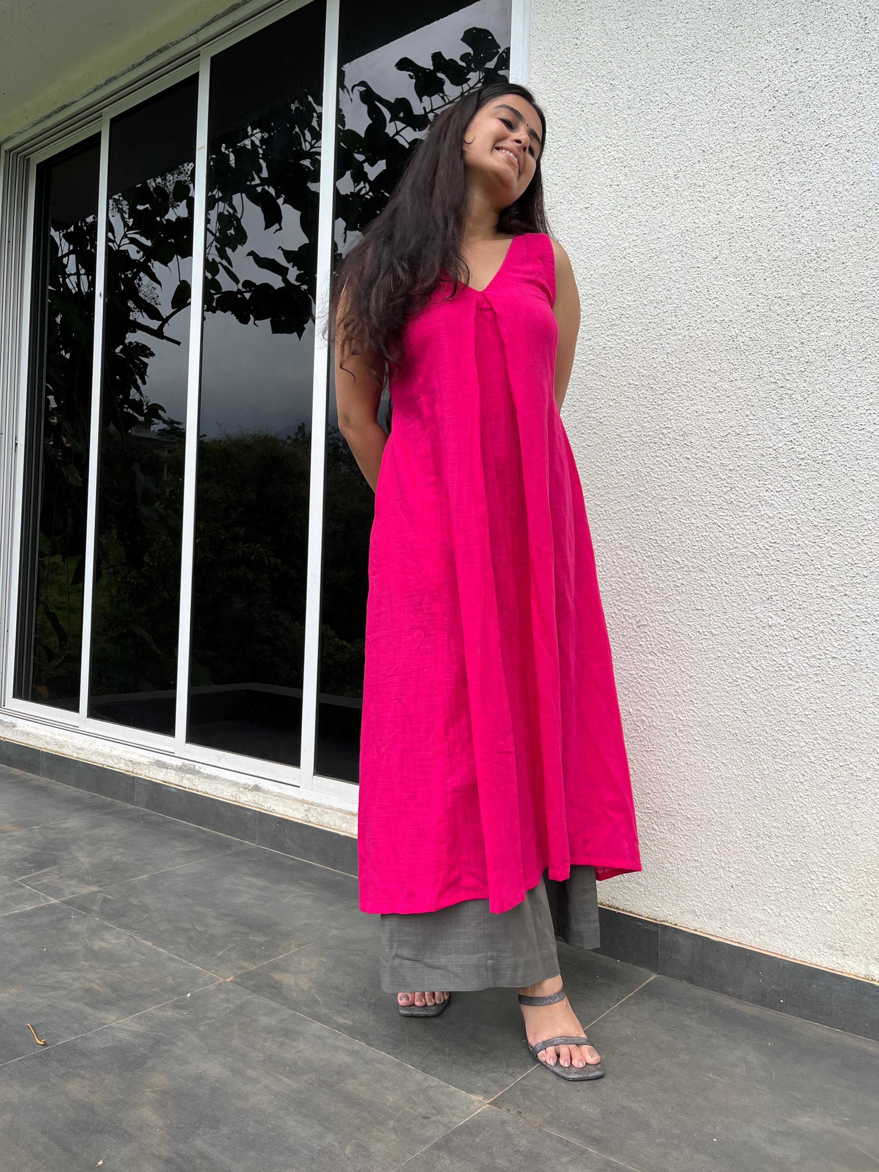 Pink Punch Kurta with Grey Palazzo