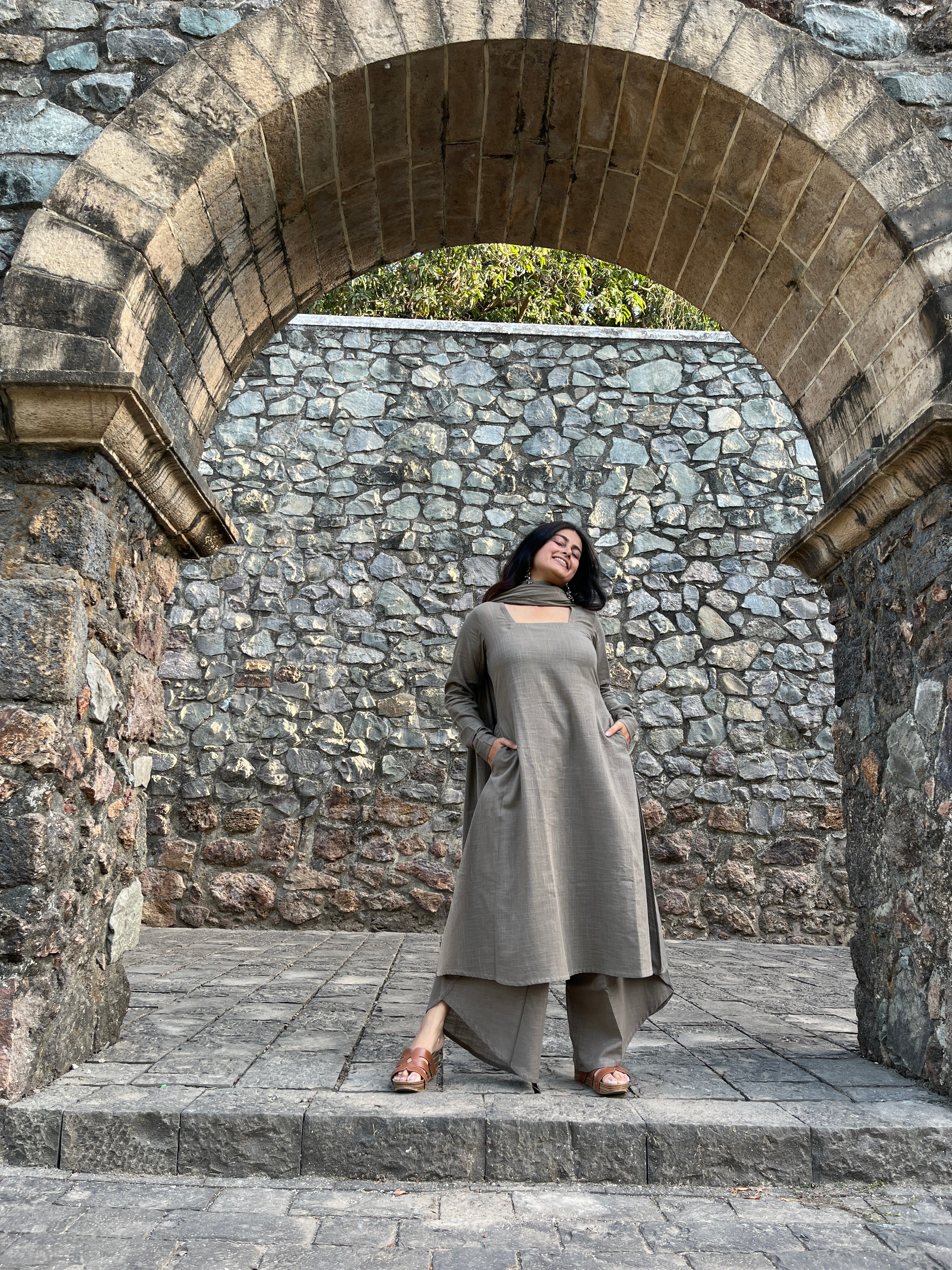 A-line suit set with dupatta in greige
