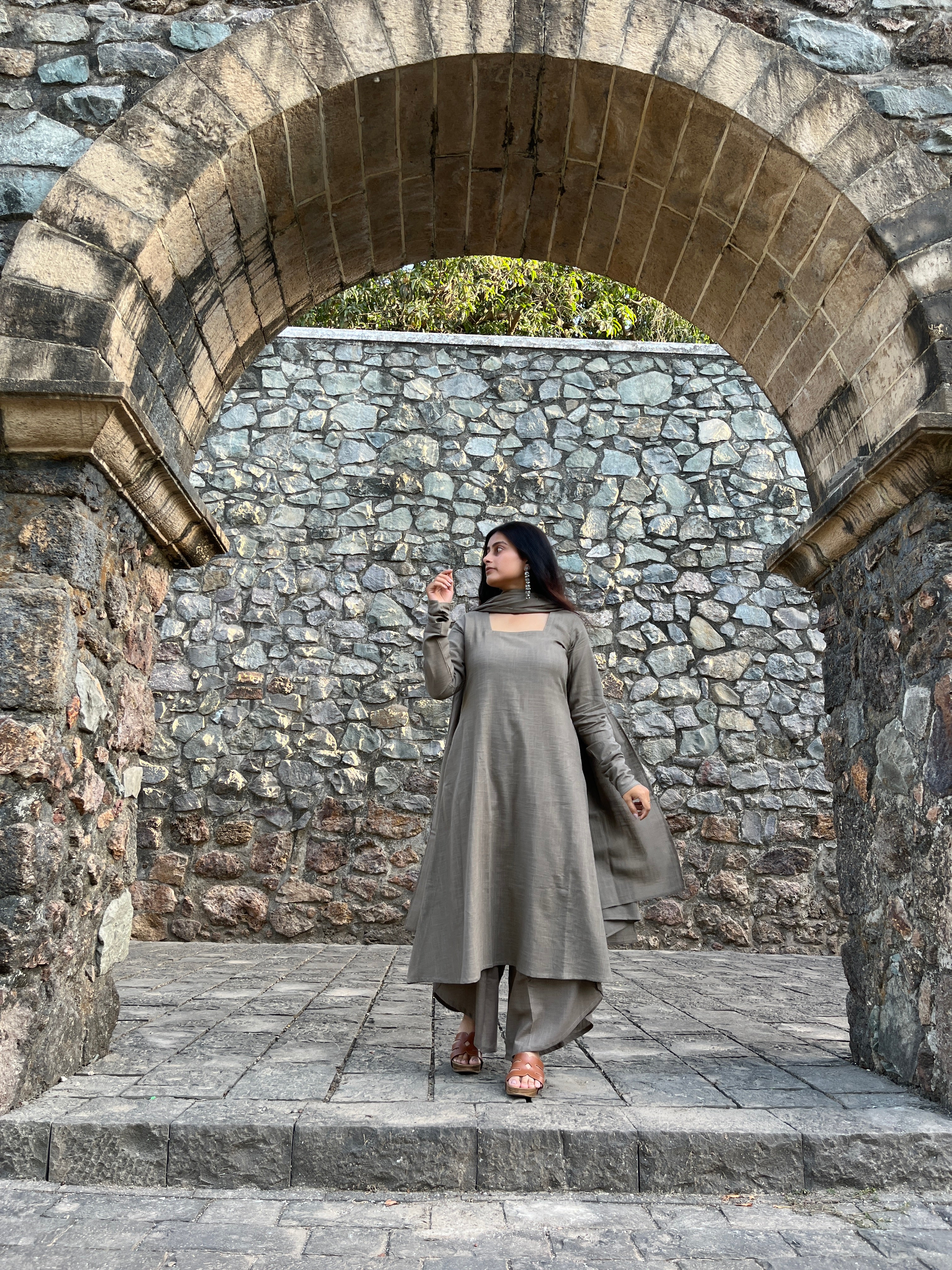 A-line suit set with dupatta in greige