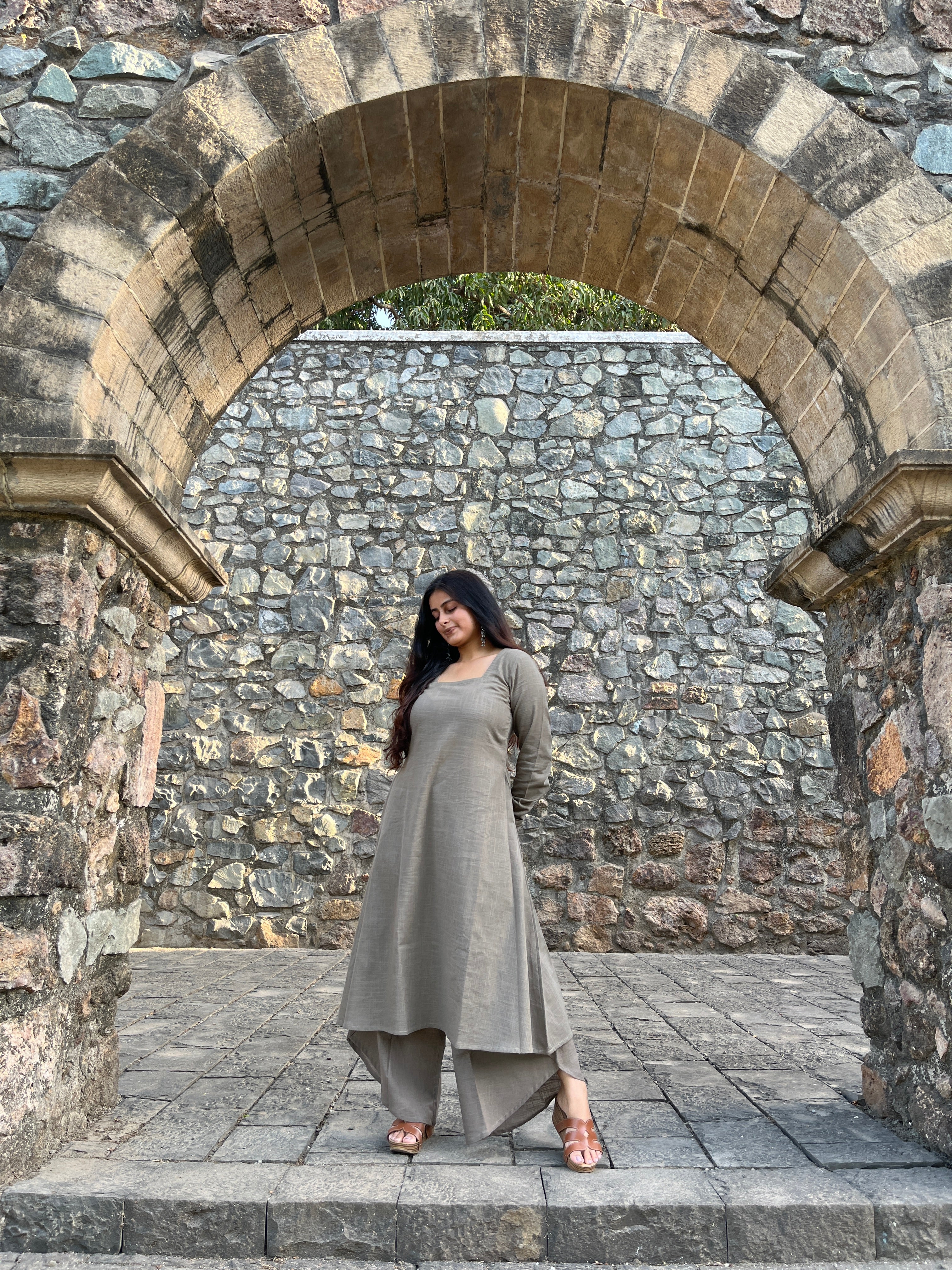 A-line kurta with dhoti pants in greige