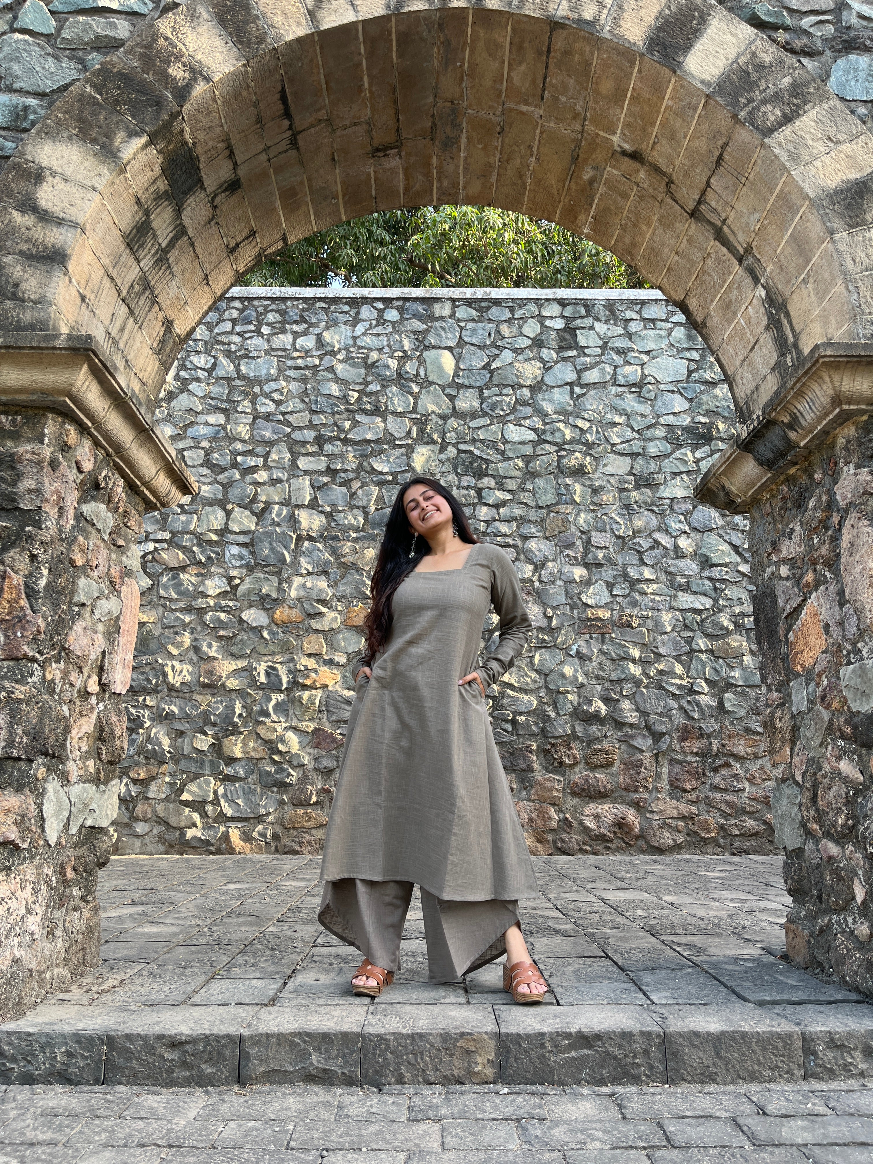 A-line kurta with dhoti pants in greige