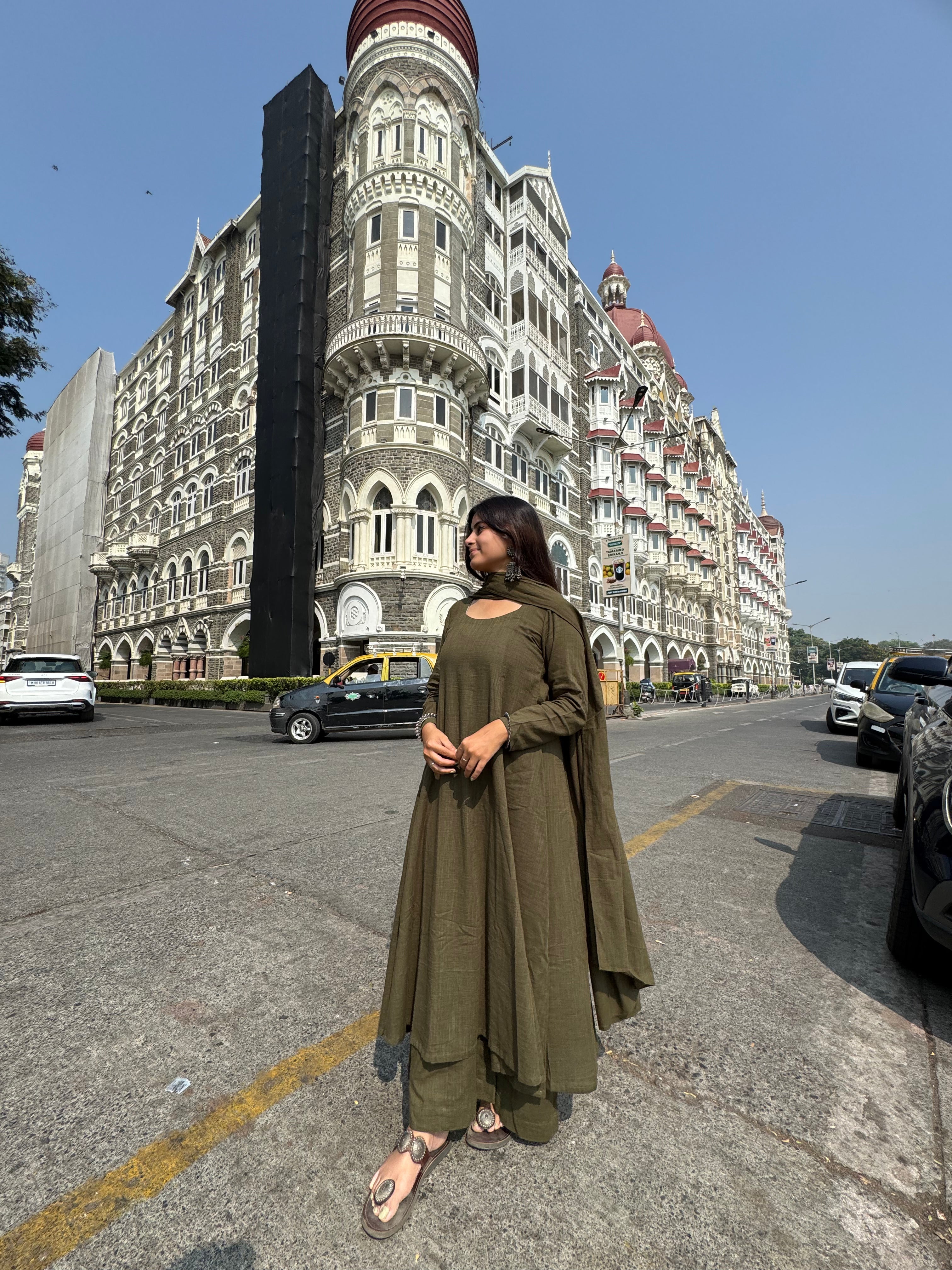 Kali cut suit set with Dupatta in Dark Olive