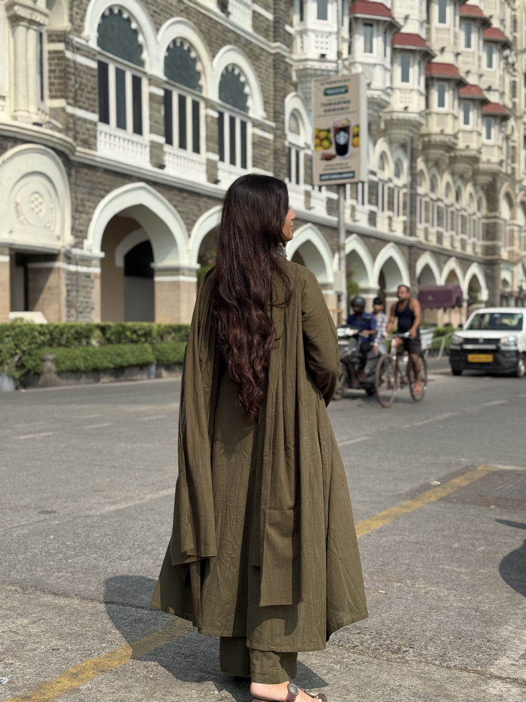 Kali cut suit set with Dupatta in Dark Olive