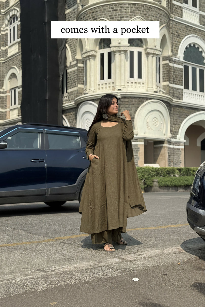 Kali cut suit set with Dupatta in Dark Olive