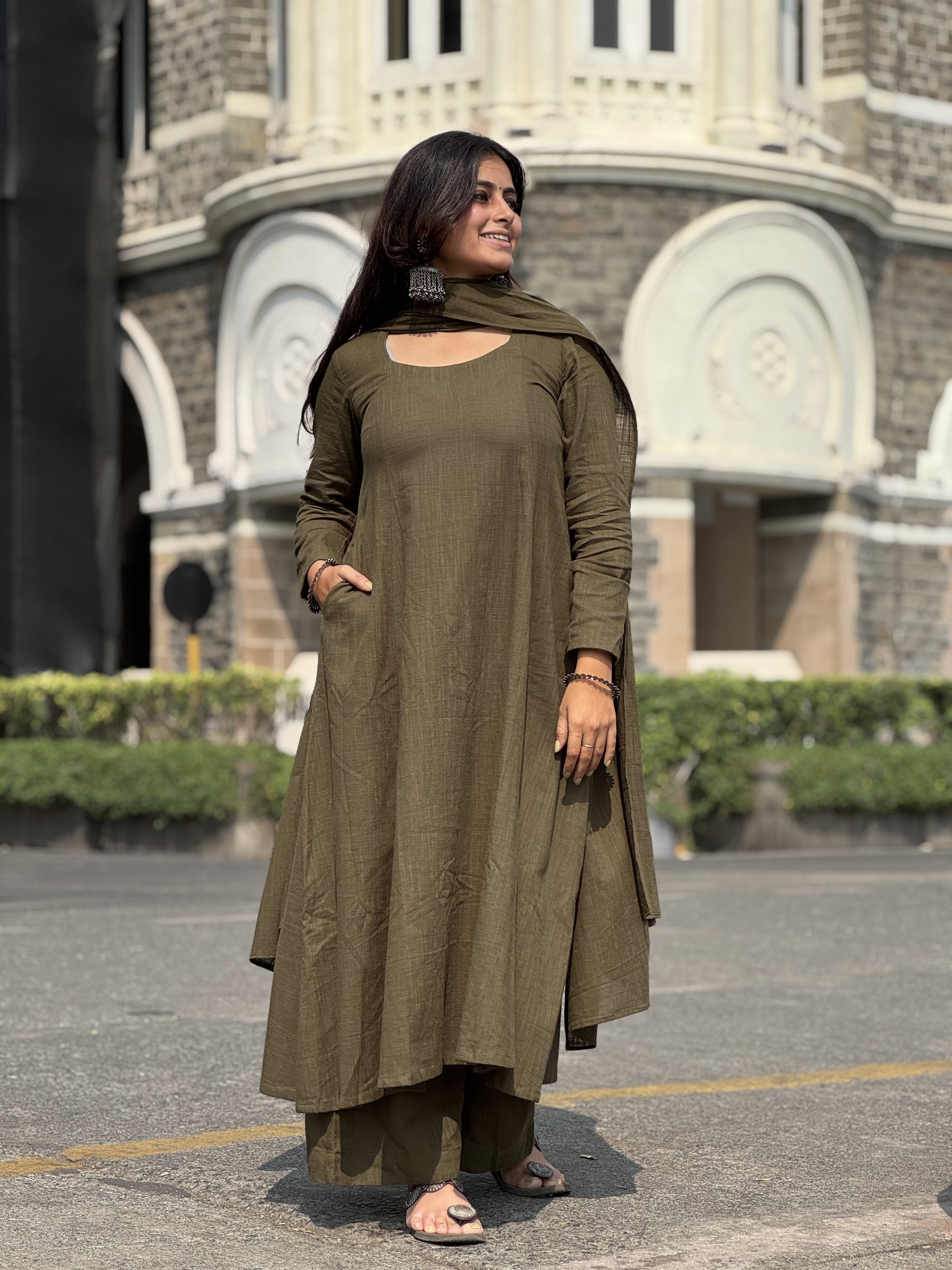 Kali cut suit set with Dupatta in Dark Olive