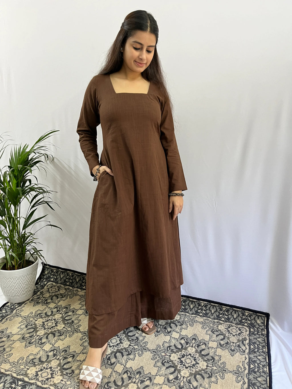 Square neck Kurta with Palazzo pants in Coffee Brown