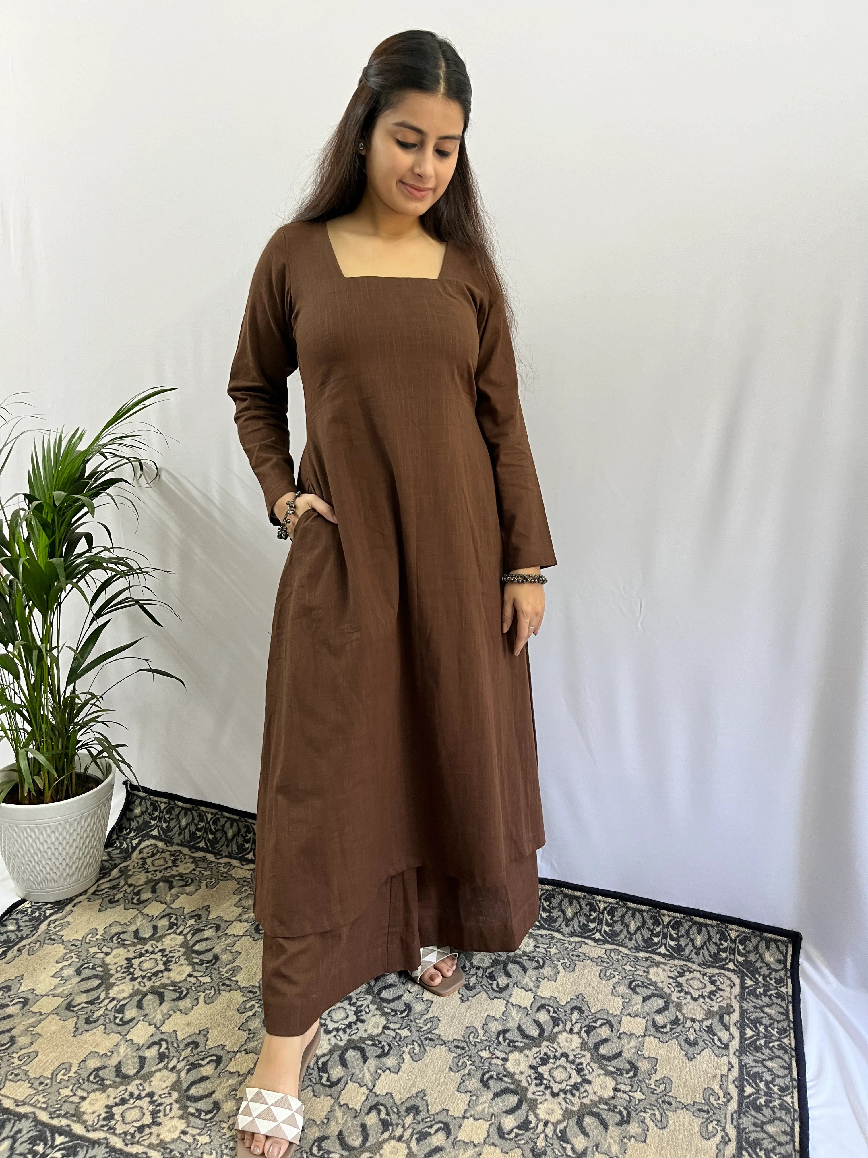 Square neck Kurta with Palazzo pants in Coffee Brown
