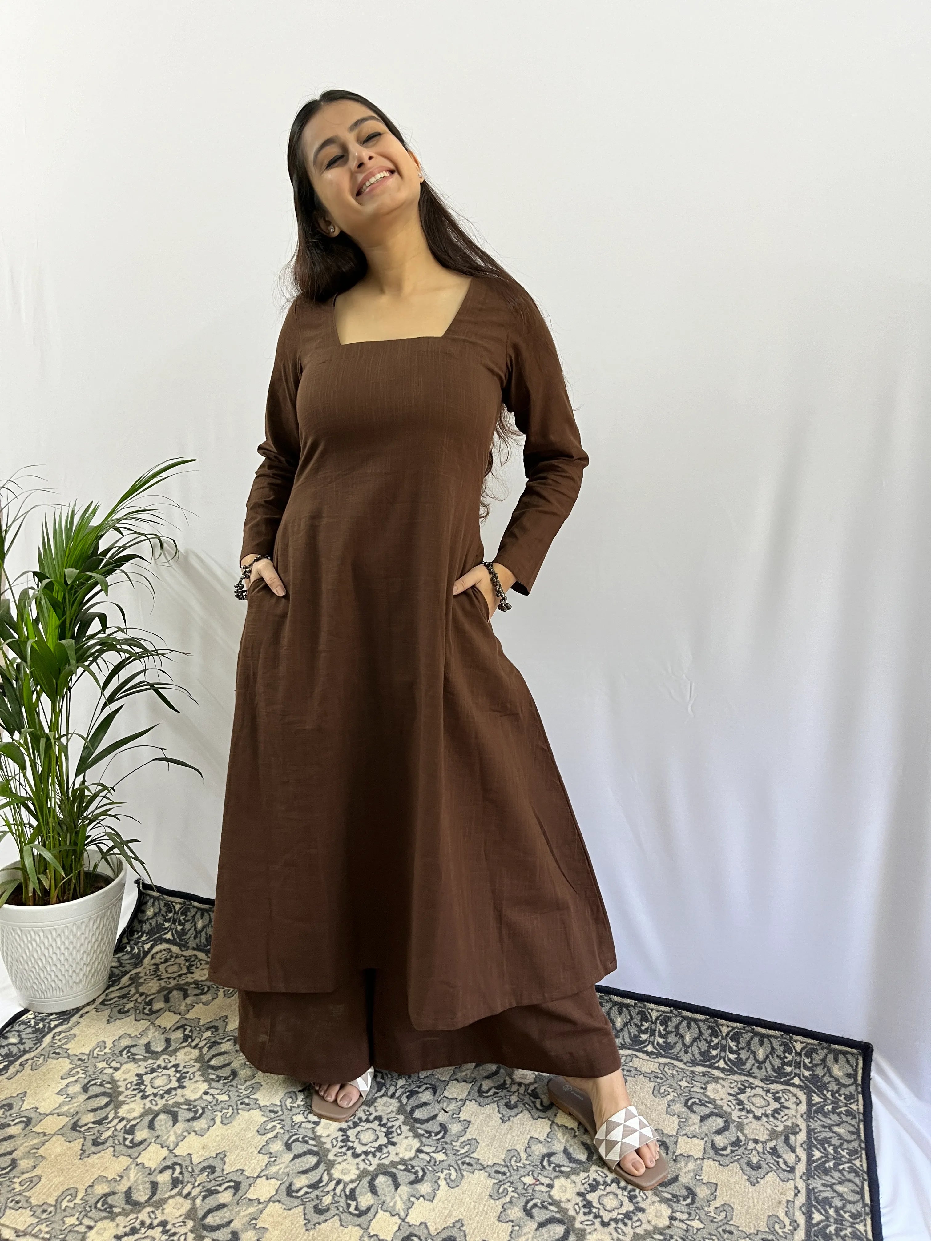 Square neck Kurta with Palazzo pants in Coffee Brown