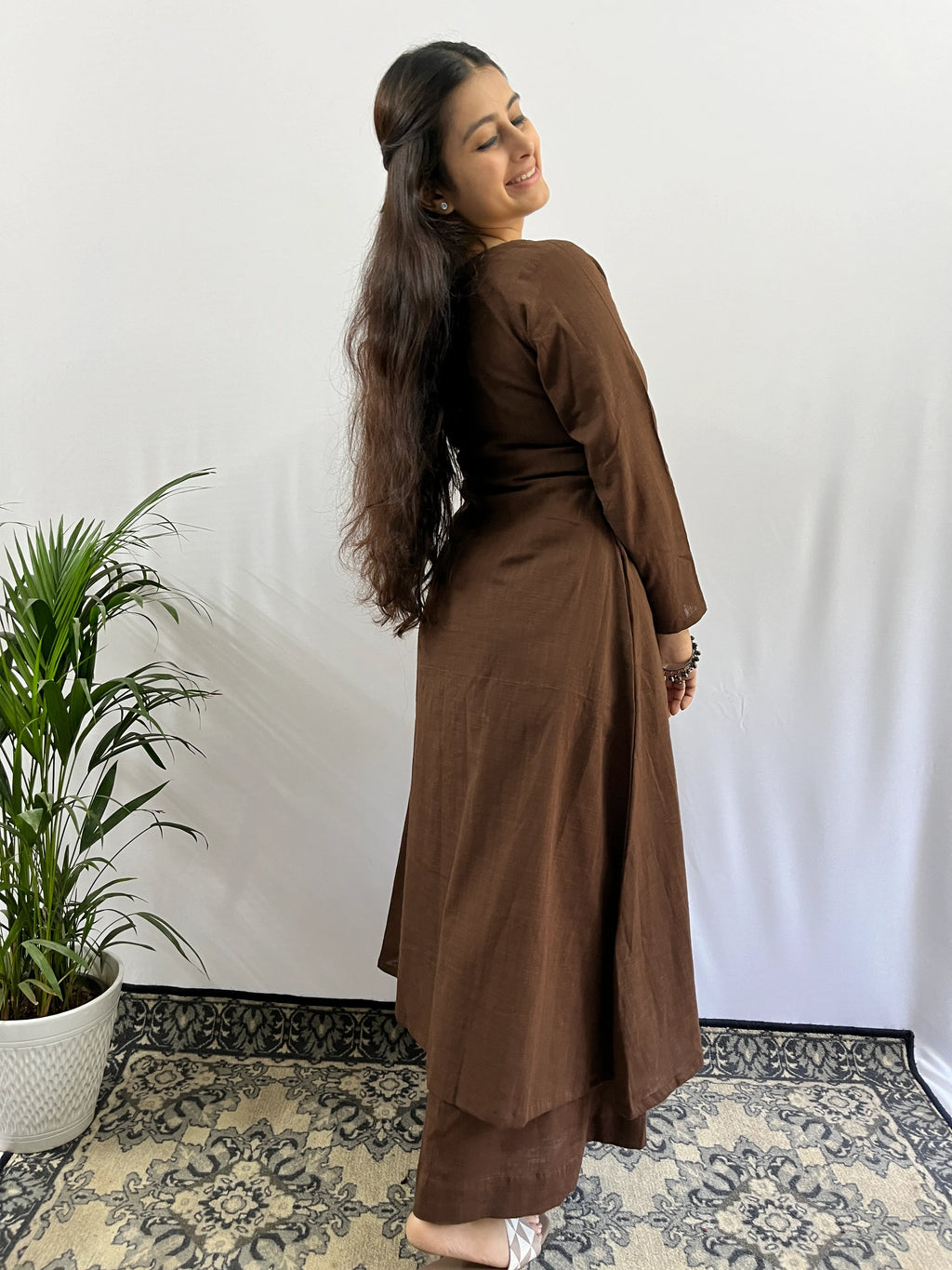 Square neck Kurta with Palazzo pants in Coffee Brown