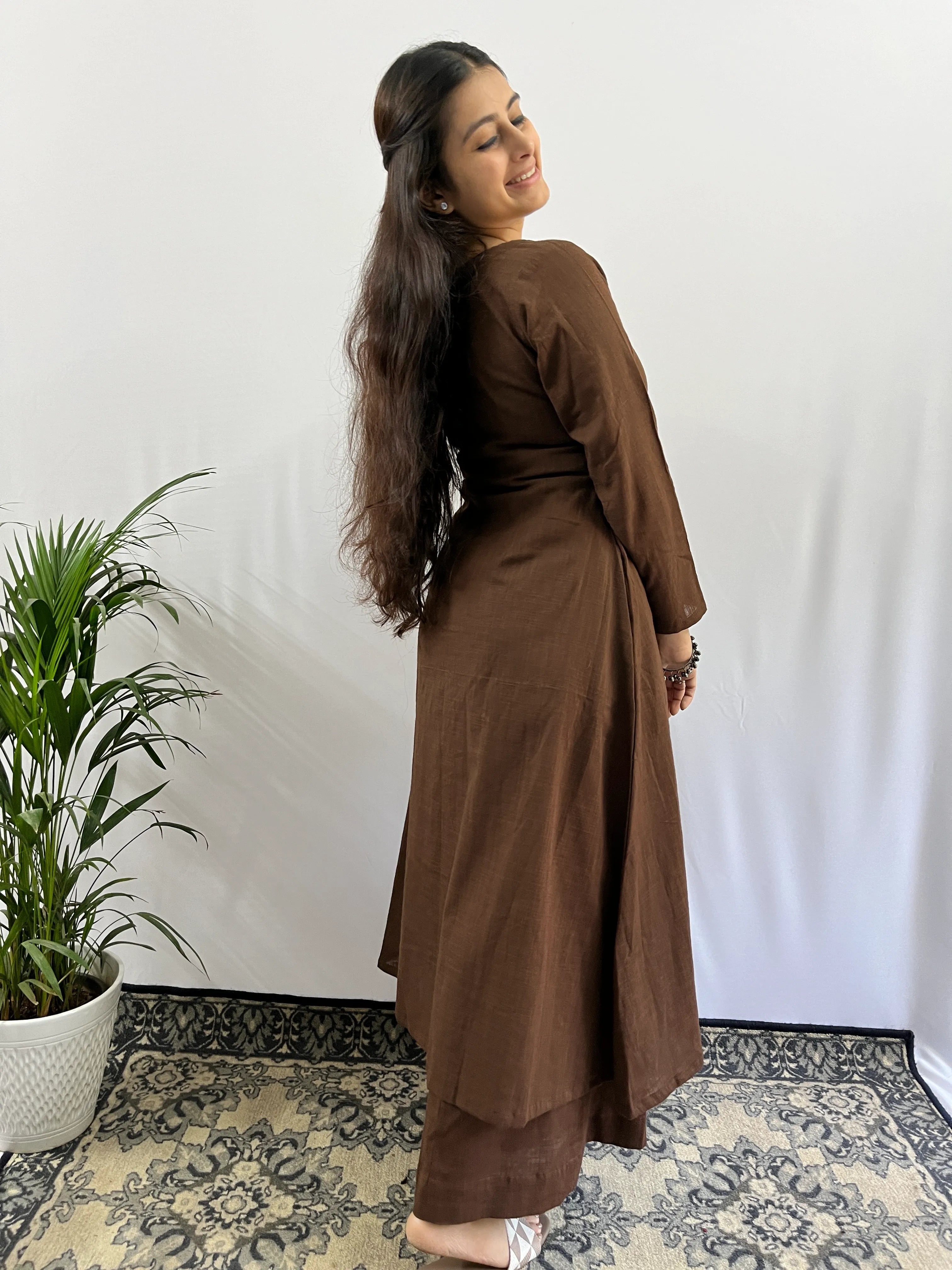 Square neck Kurta with Palazzo pants in Coffee Brown