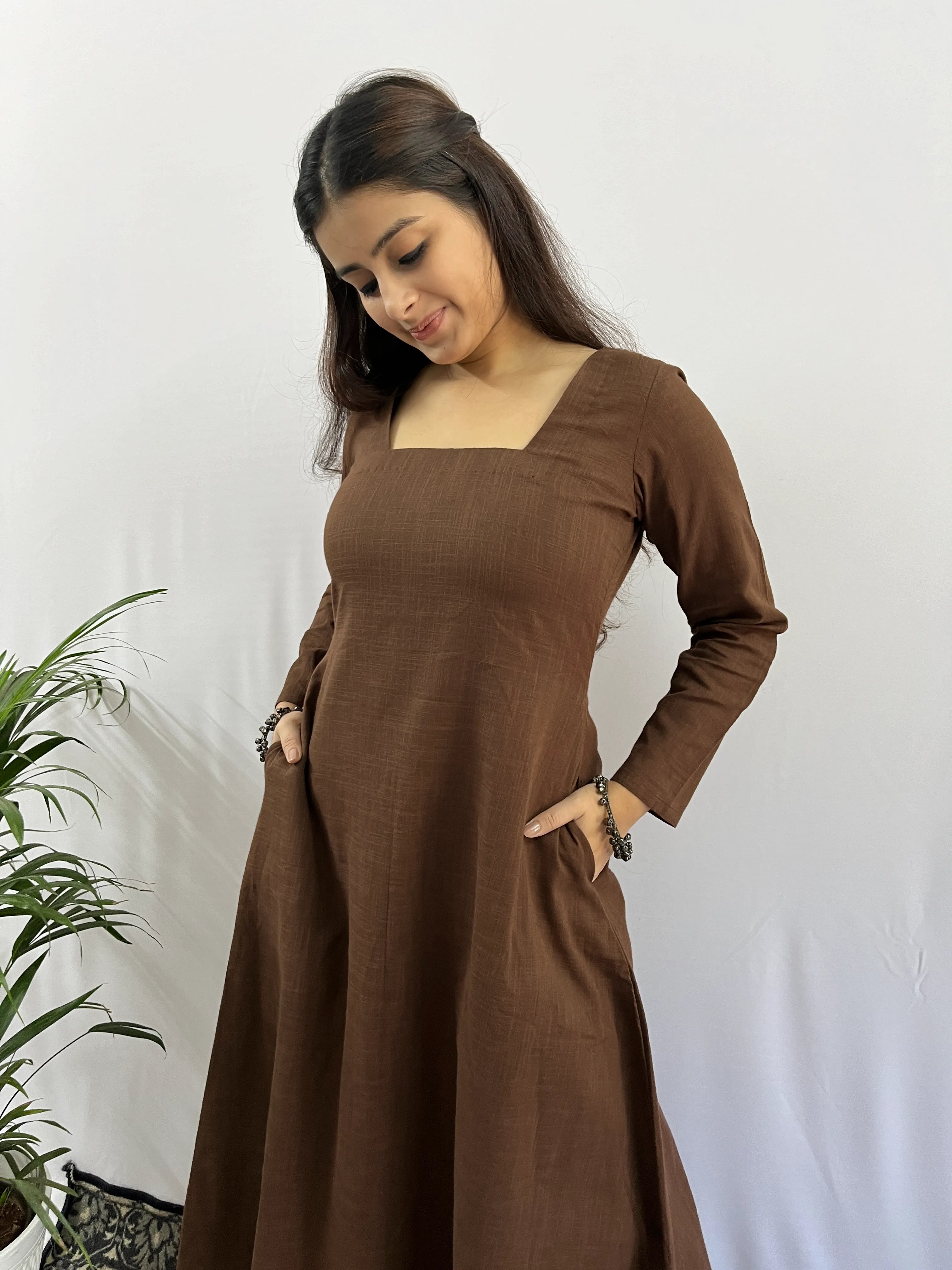 Square neck Kurta with Palazzo pants in Coffee Brown