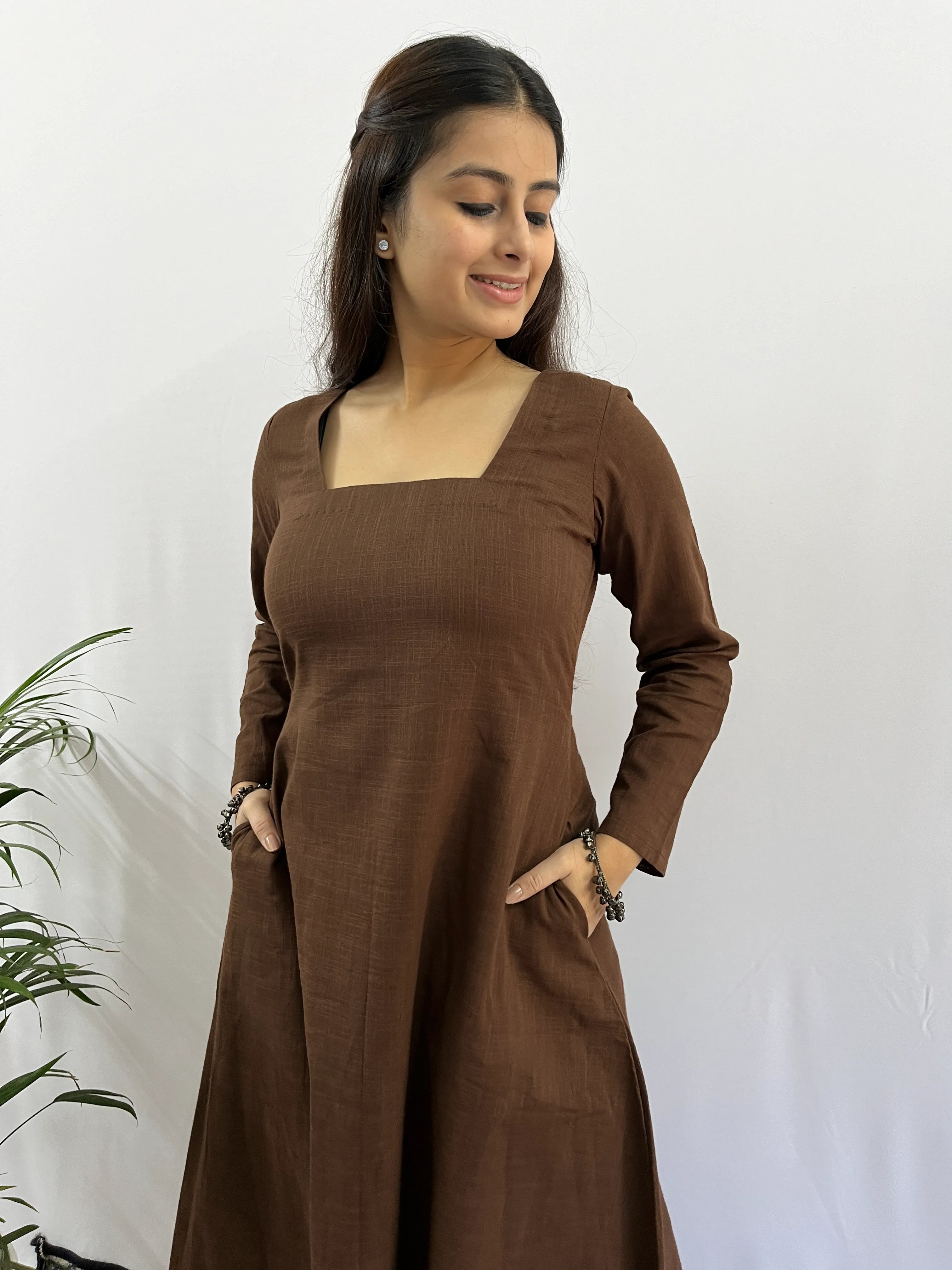 Square neck Kurta with Palazzo pants in Coffee Brown