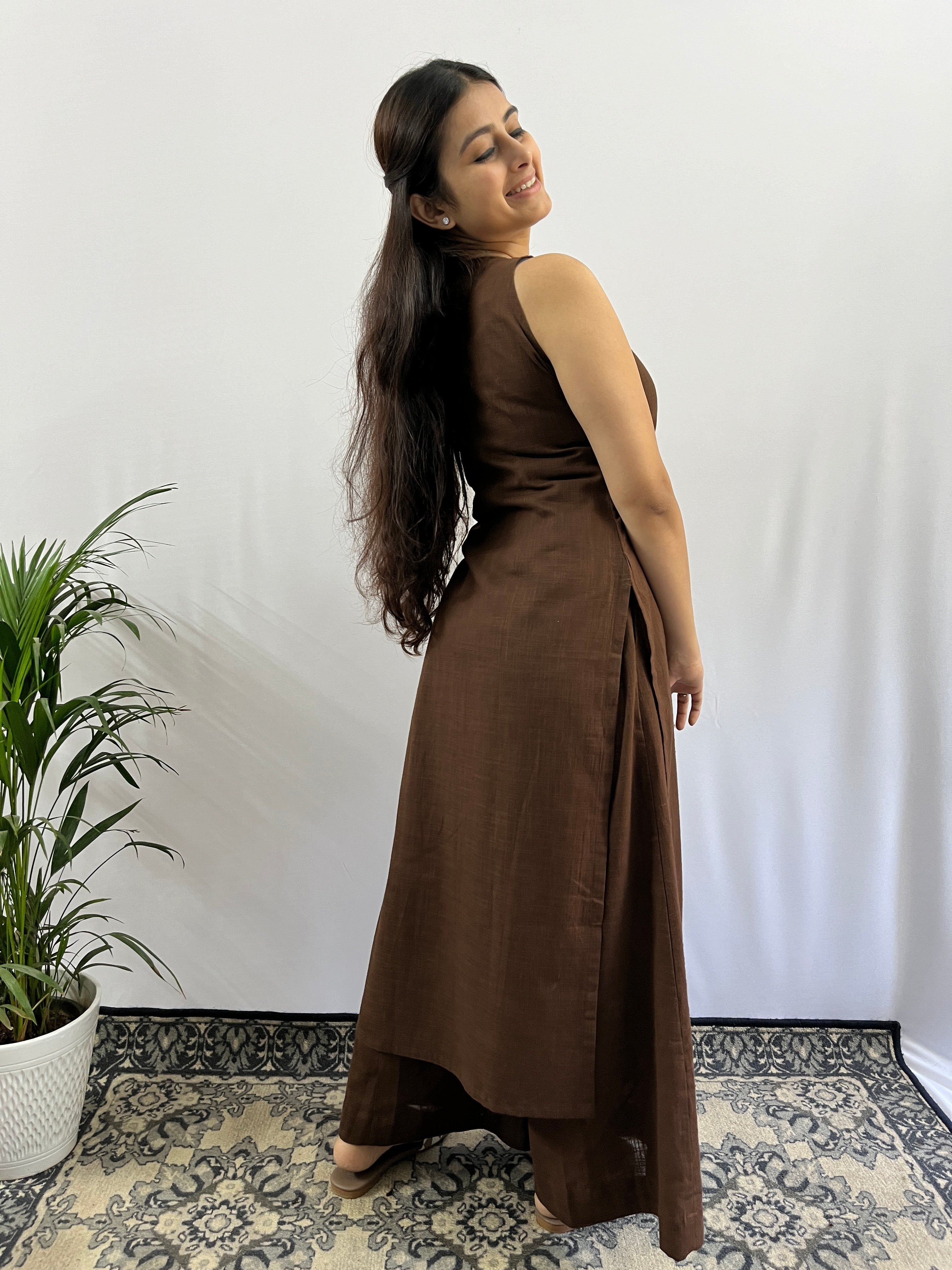 Coffee Brown halter neck Kurta and Pant set