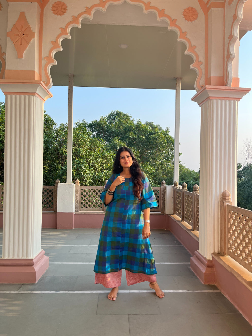 Mridha checked A-line kurta with pink panr for women by Afeemi