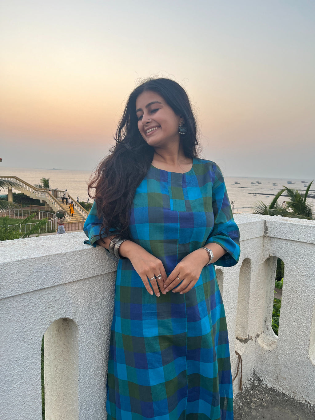 Long blue green checked kurta for women