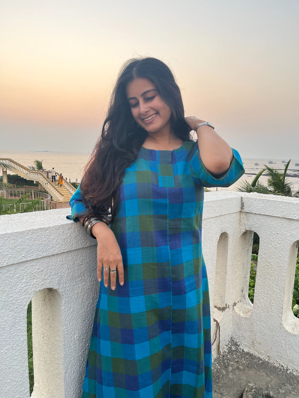 Blue and green A-line kurta for women