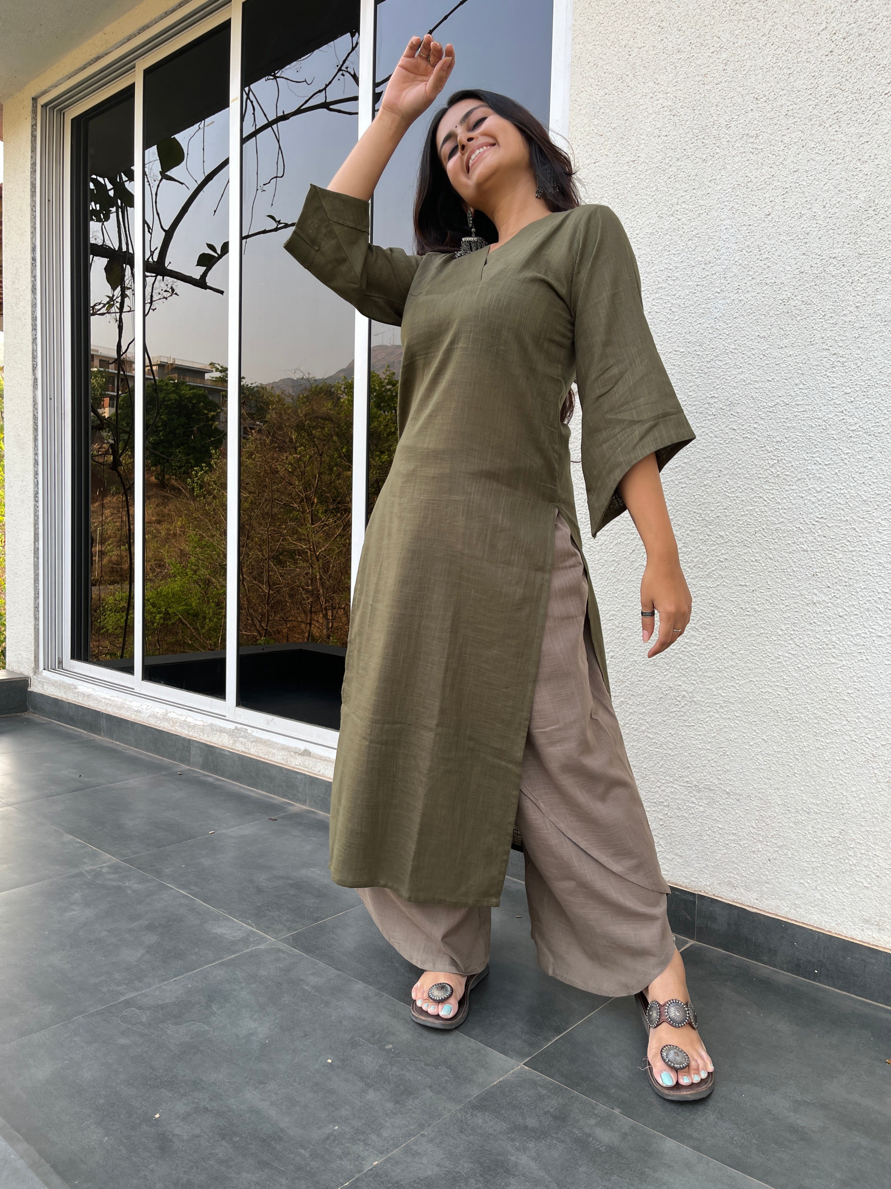 Nia Kurta in Olive with Dhoti Pant