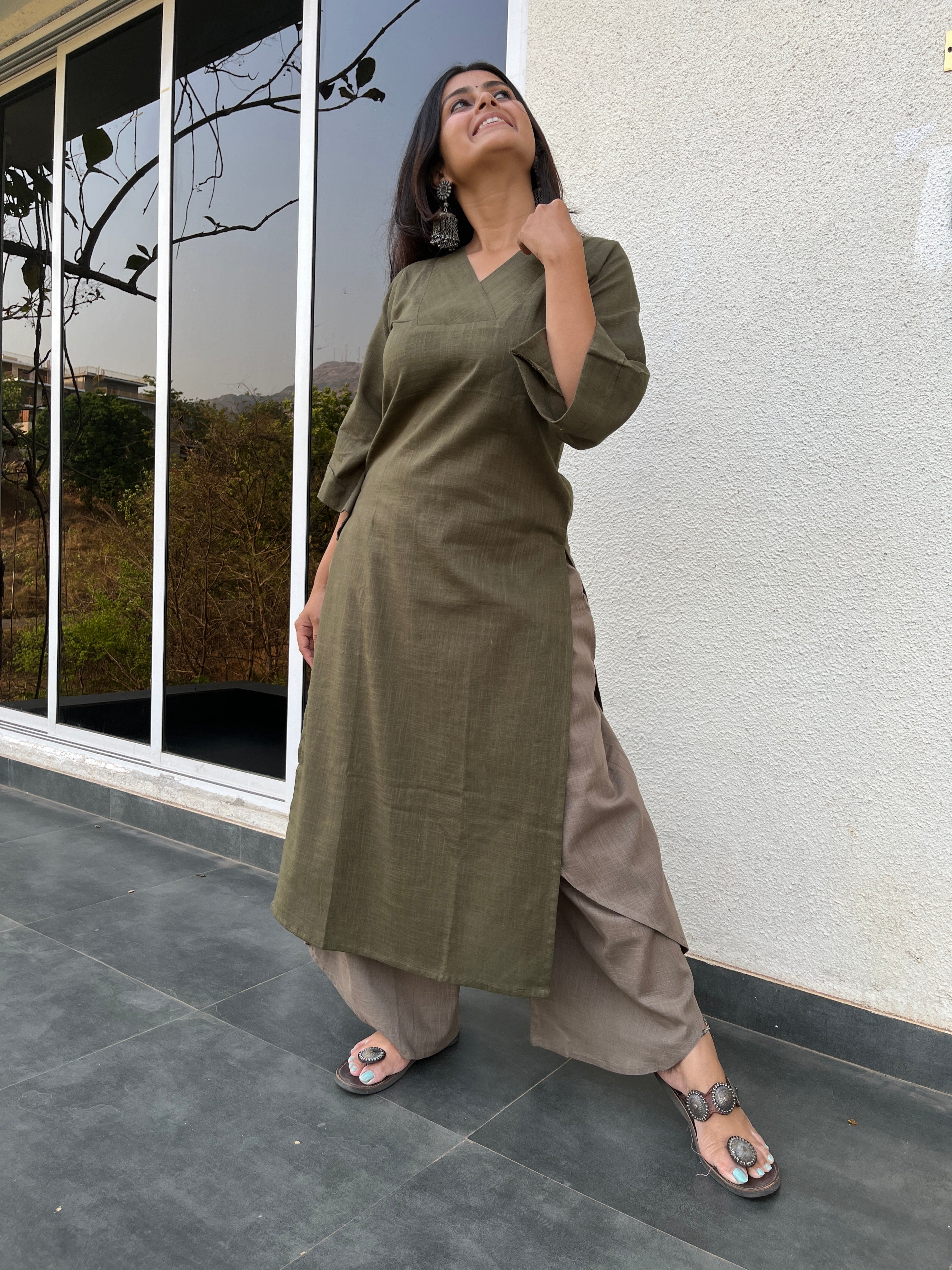Nia Kurta in Olive with Dhoti Pant