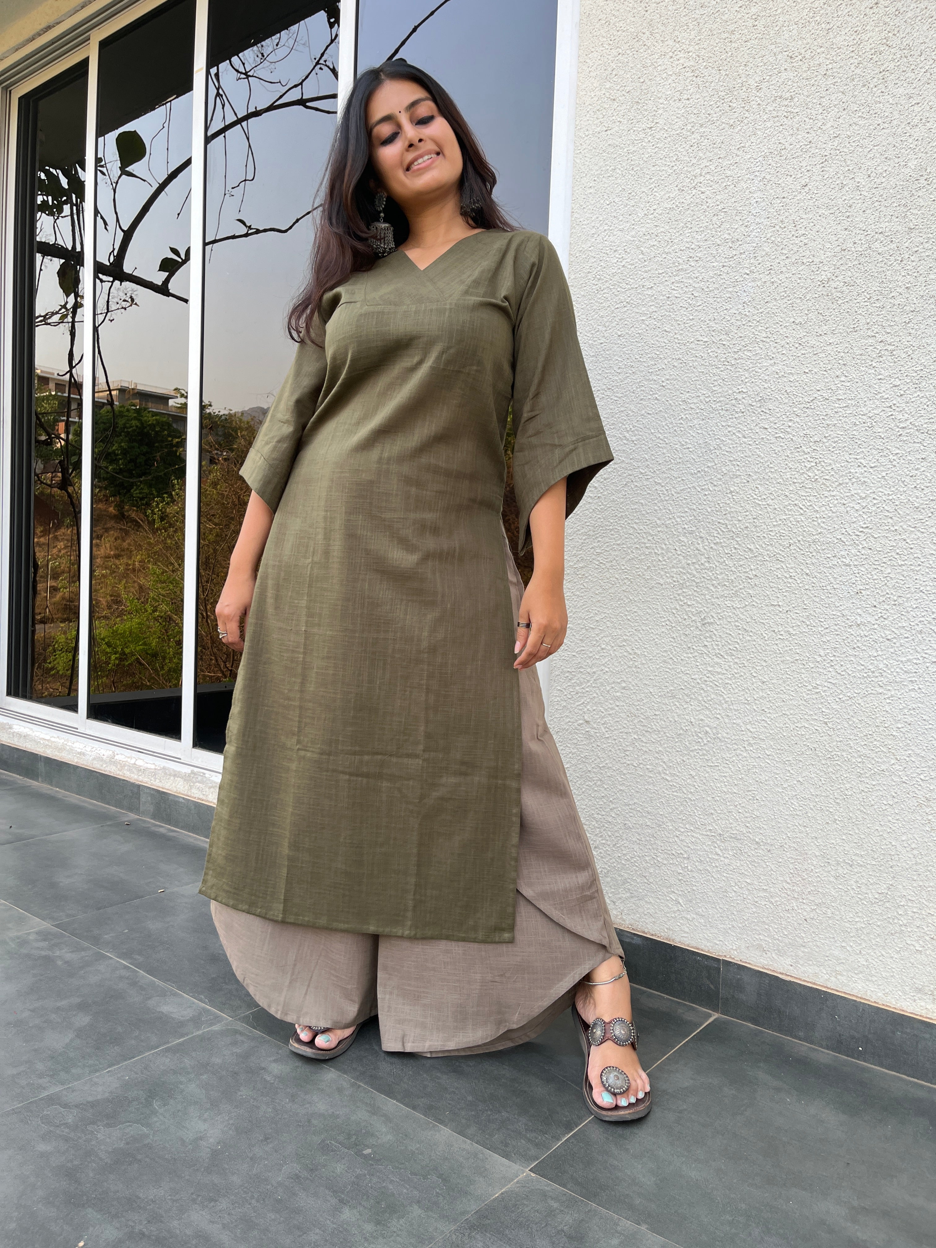 Nia Kurta in Olive with Dhoti Pant