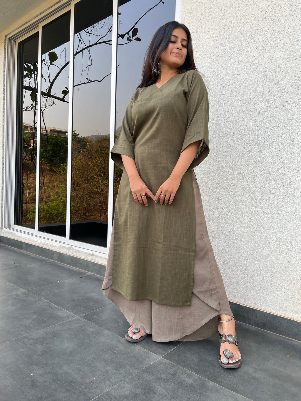 Nia Kurta in Olive with Dhoti Pant