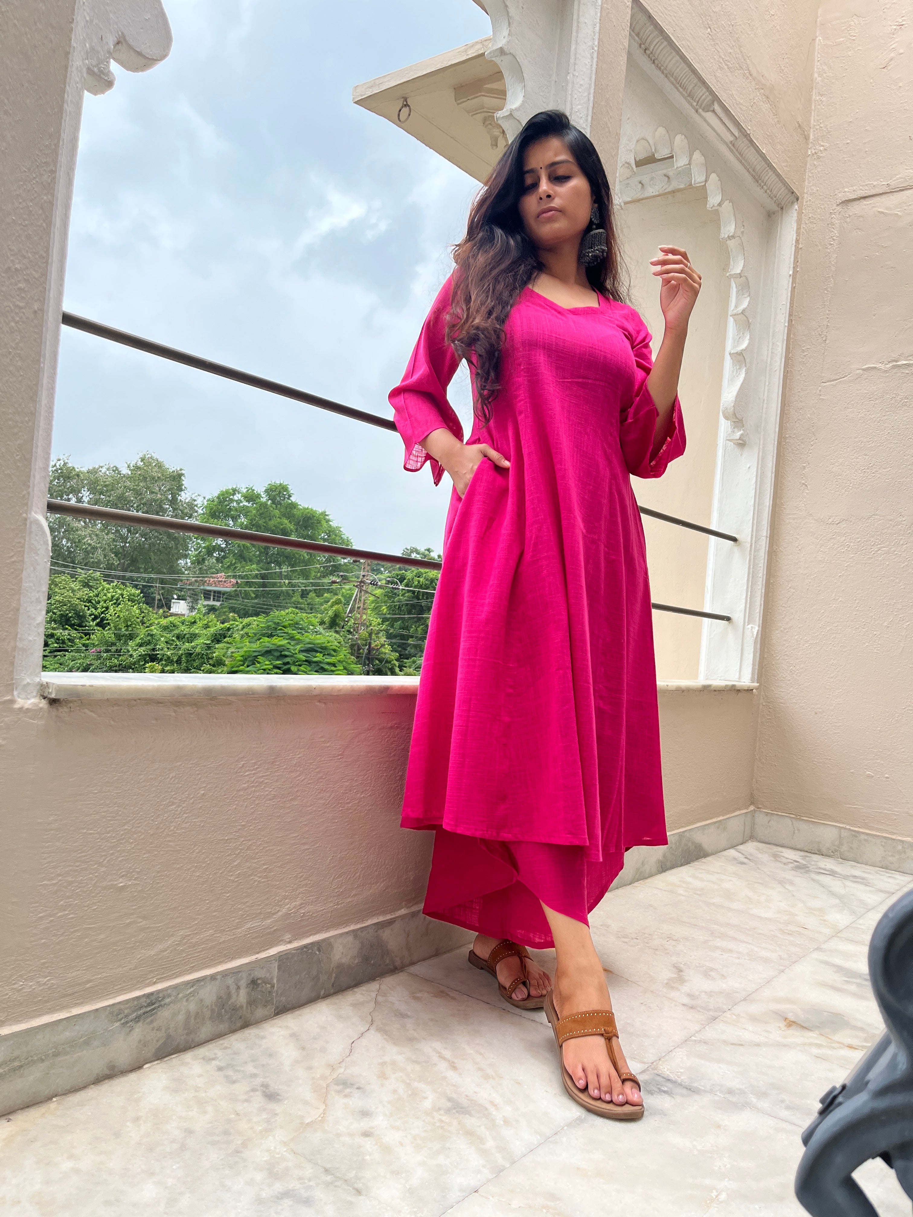 Kali Kurta with Dhoti Pants in Pink
