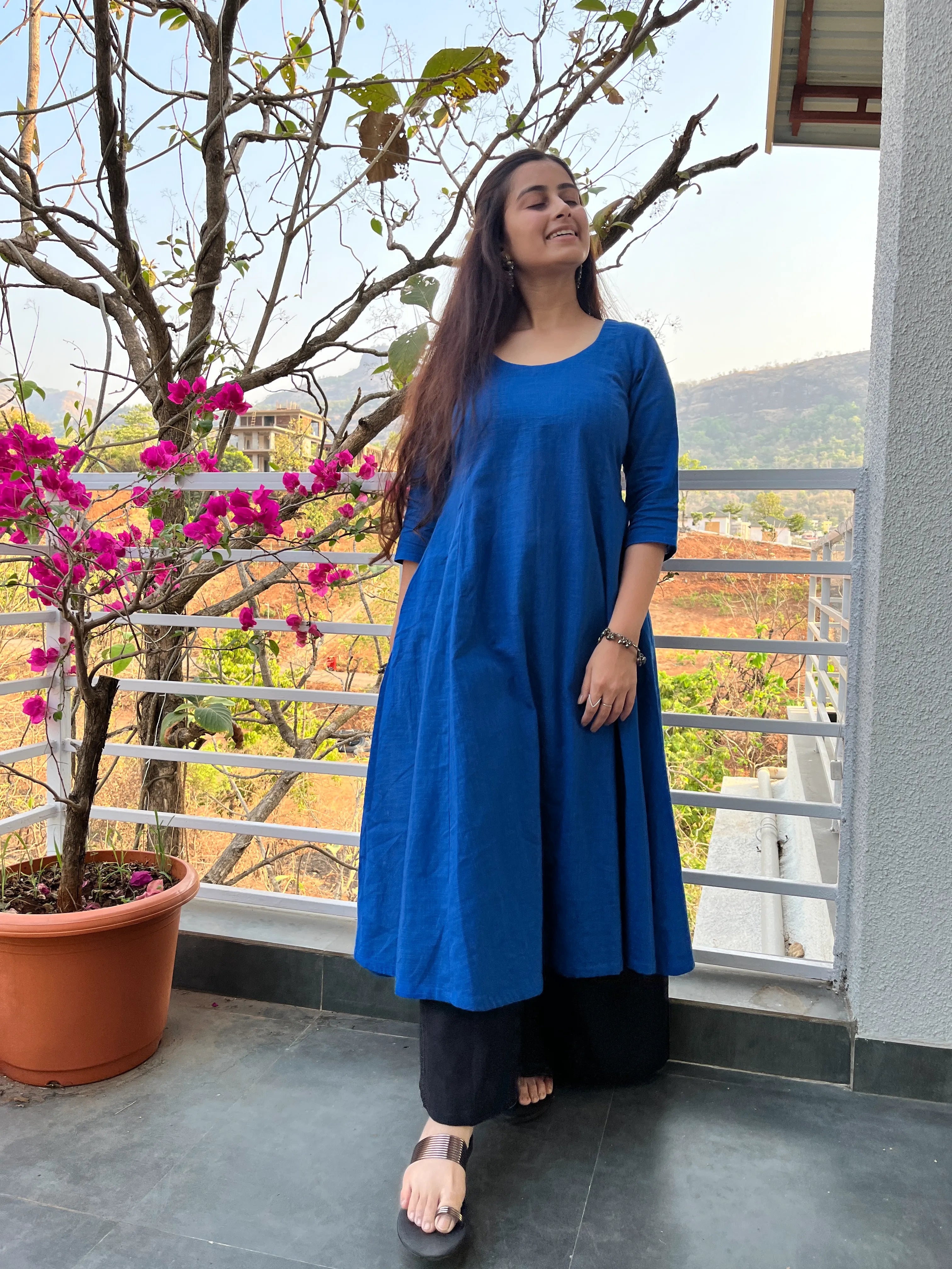 Blue Kali cut Kurta with Black Palazzo