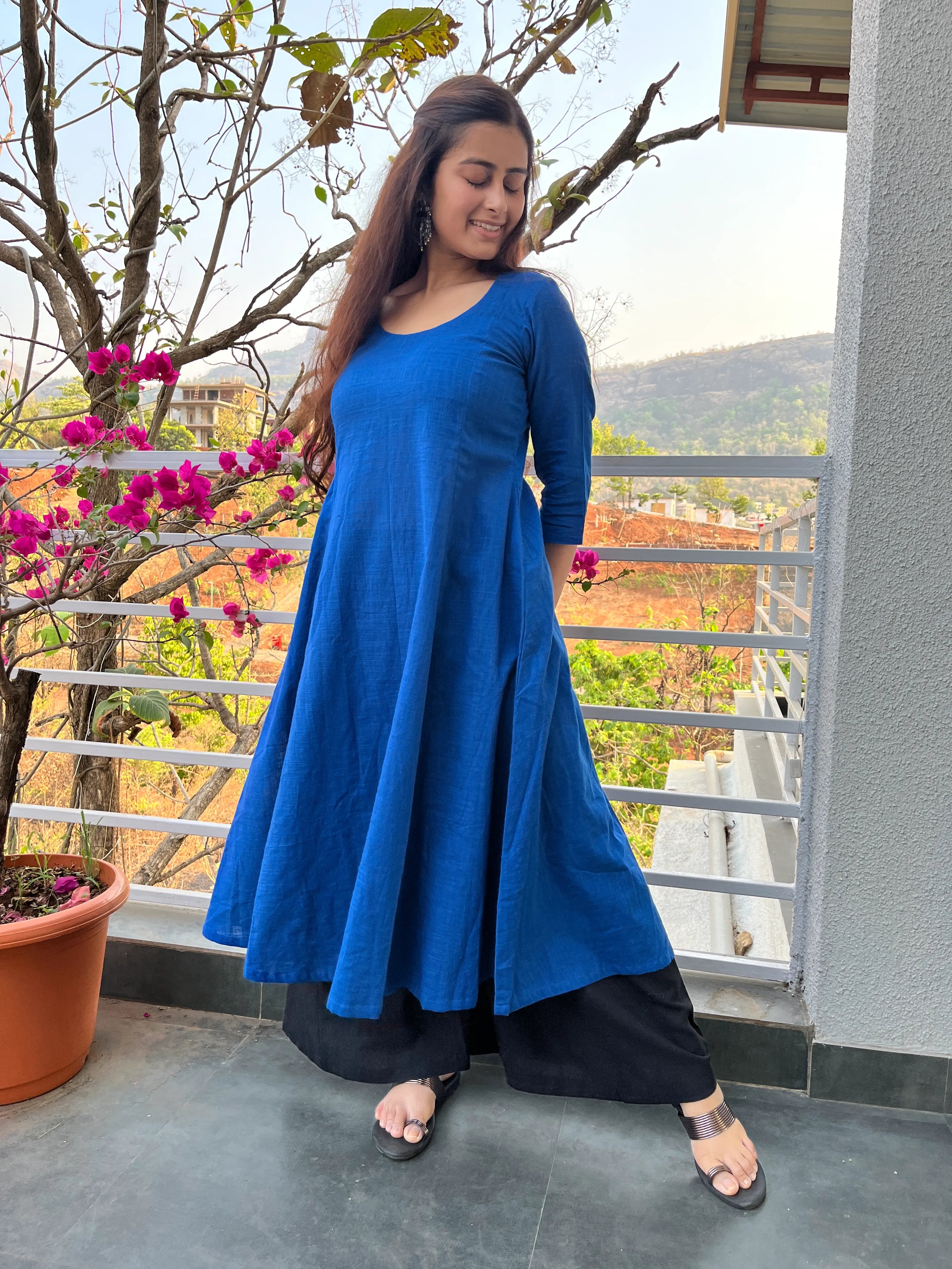 Blue Kali cut Kurta with Black Palazzo