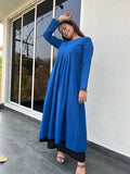 Woman wearing blue gher kurta with black palazzo