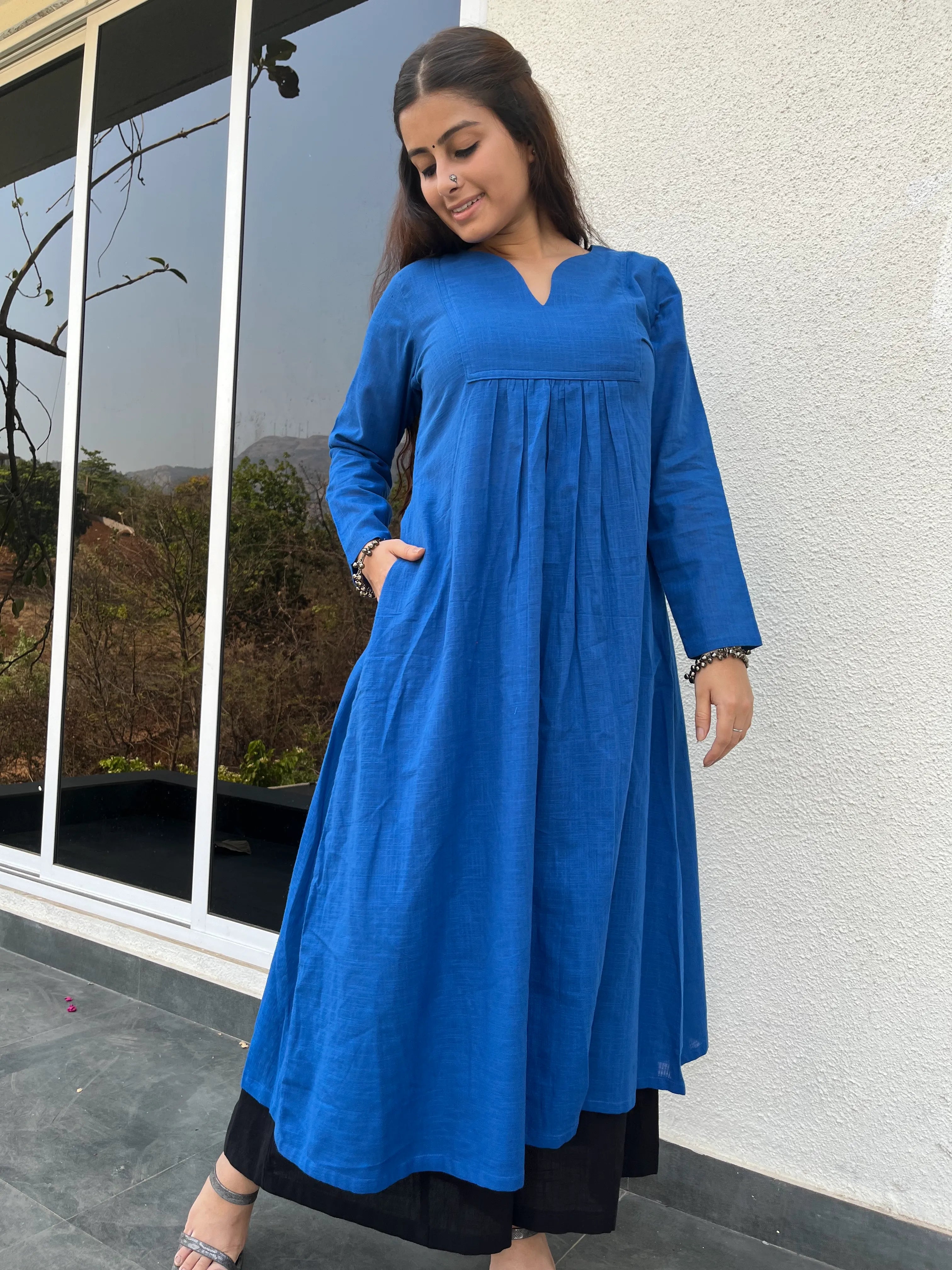 Blue Gher Kurta with Black Palazzo